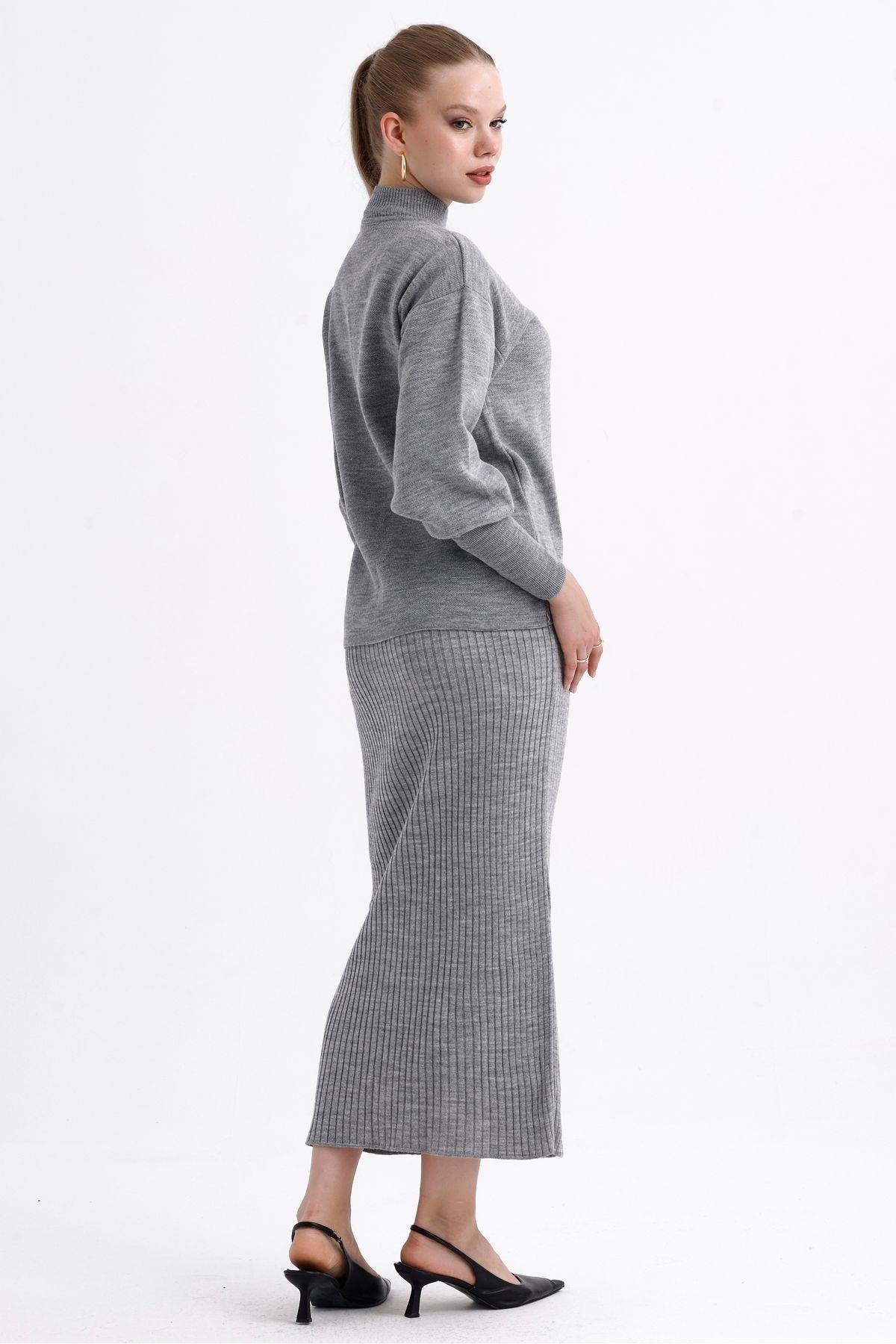 Yarım Balıkçı Yaka Kazak Ve Fitilli Askılı Elbise İkili Triko Takım - Gri