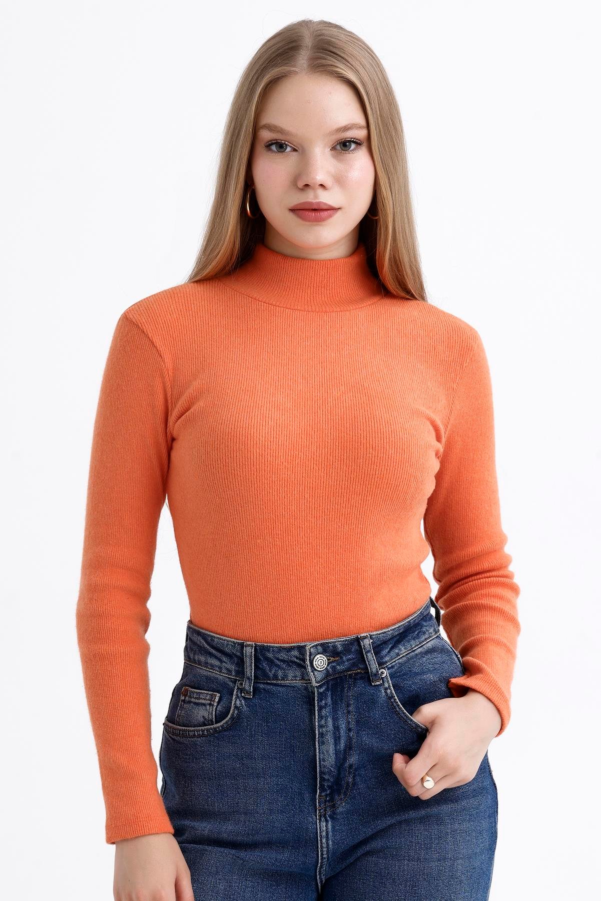 Yarım Balıkçı Yaka Şardonlu Fitilli Kazak - Turuncu