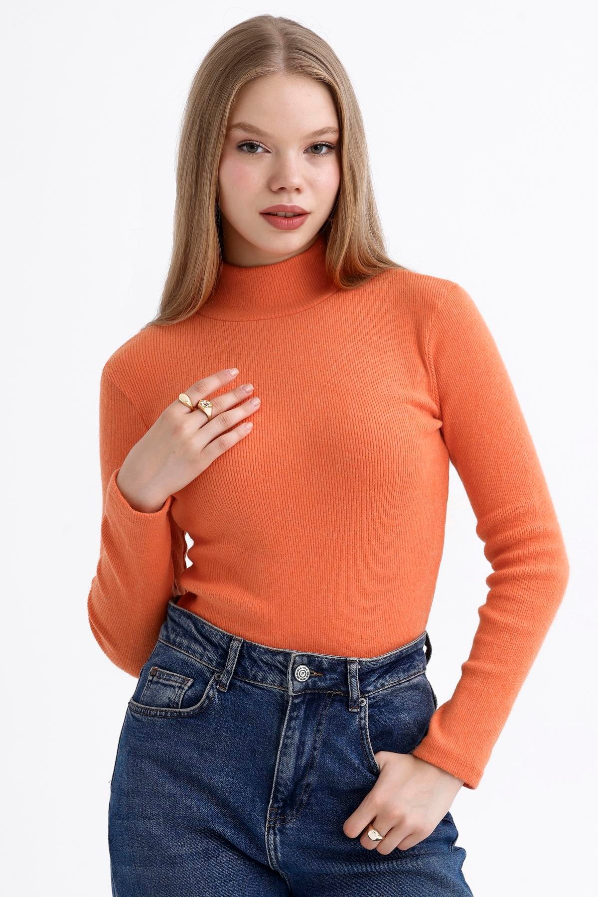 Yarım Balıkçı Yaka Şardonlu Fitilli Kazak - Turuncu