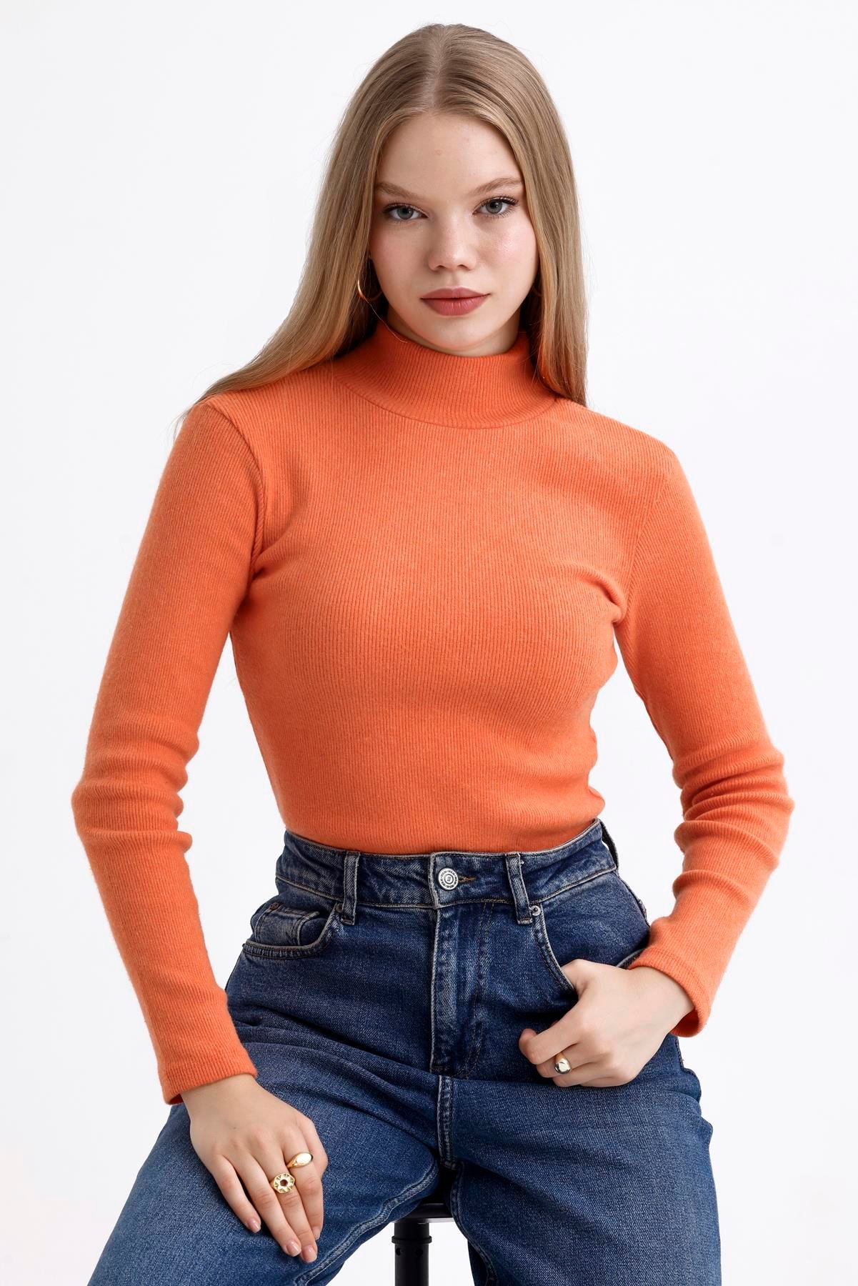 Yarım Balıkçı Yaka Şardonlu Fitilli Kazak - Turuncu