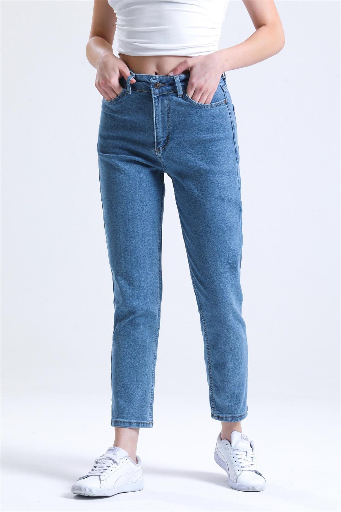 Yüksek Bel Mom Jean Kot Pantolon - Mavi