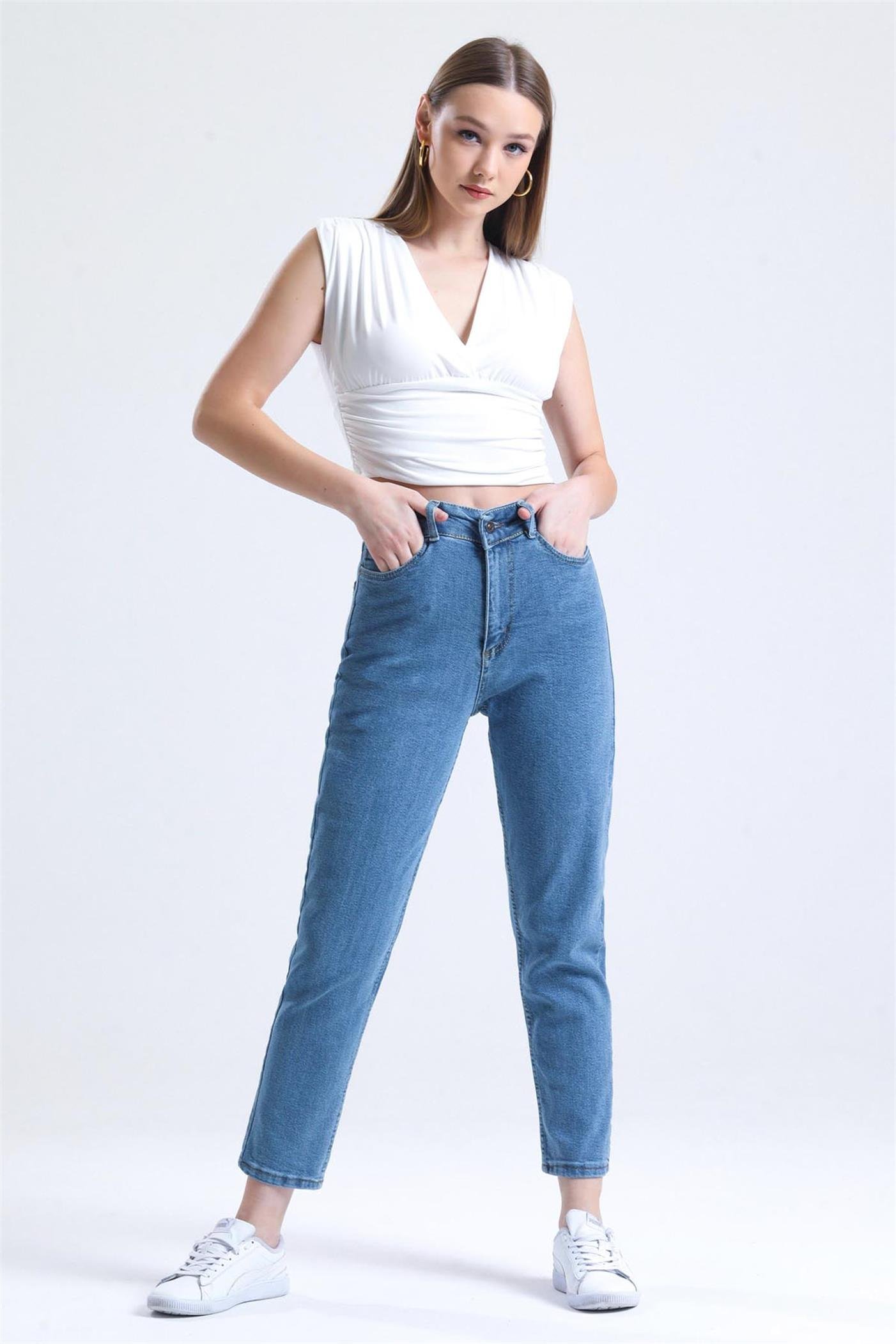 Yüksek Bel Mom Jean Kot Pantolon - Mavi