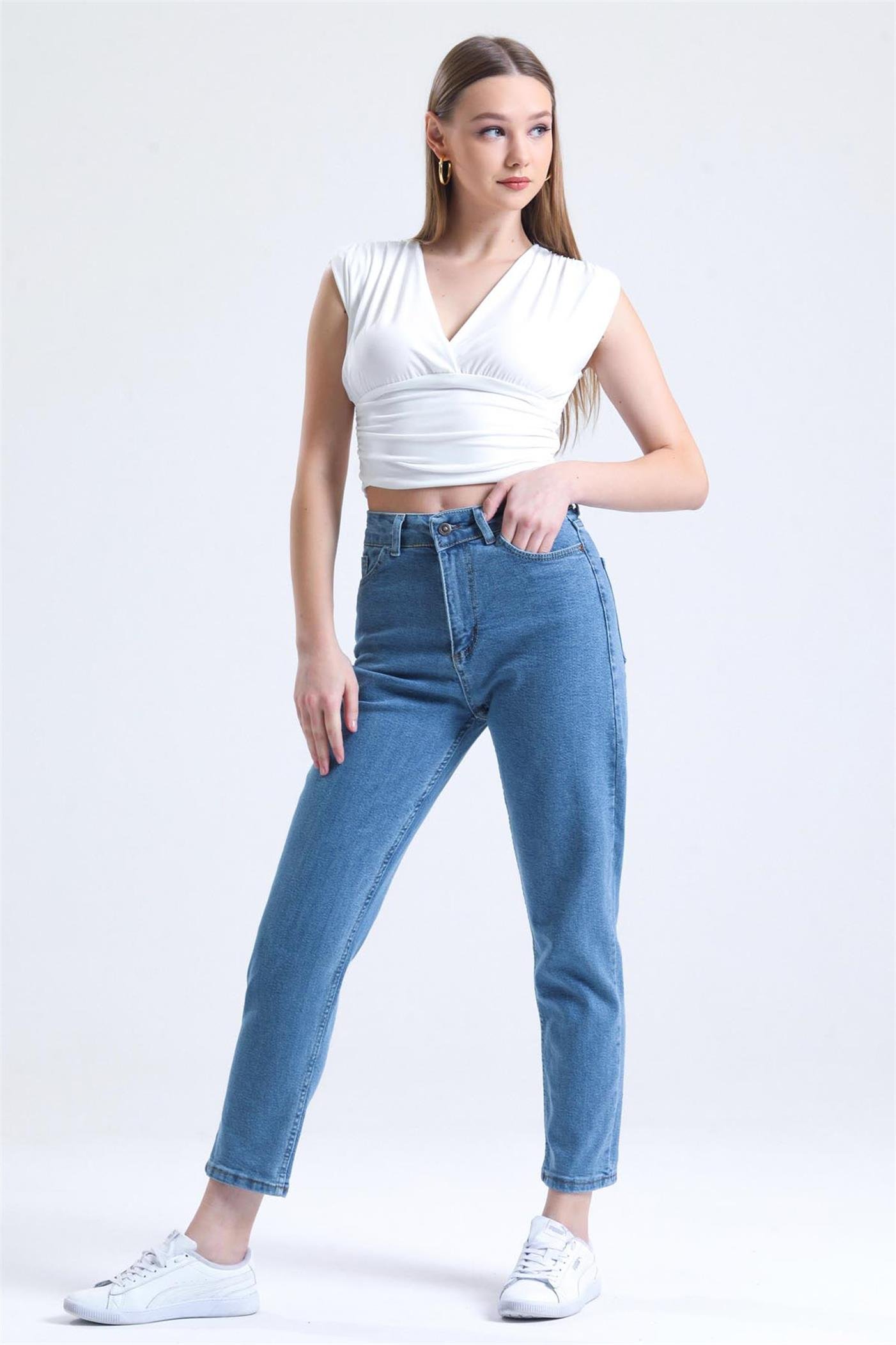 Yüksek Bel Mom Jean Kot Pantolon - Mavi