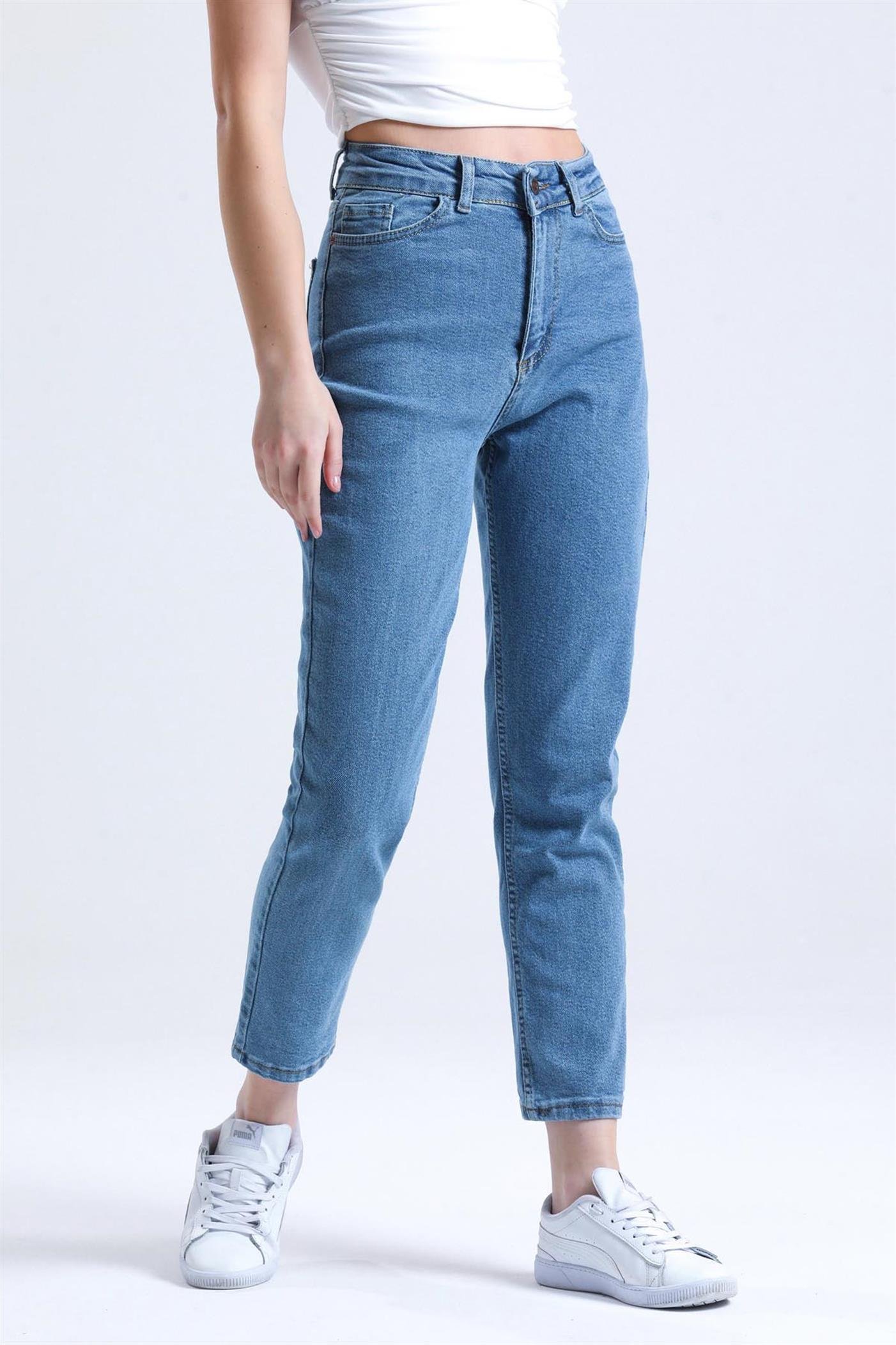 Yüksek Bel Mom Jean Kot Pantolon - Mavi