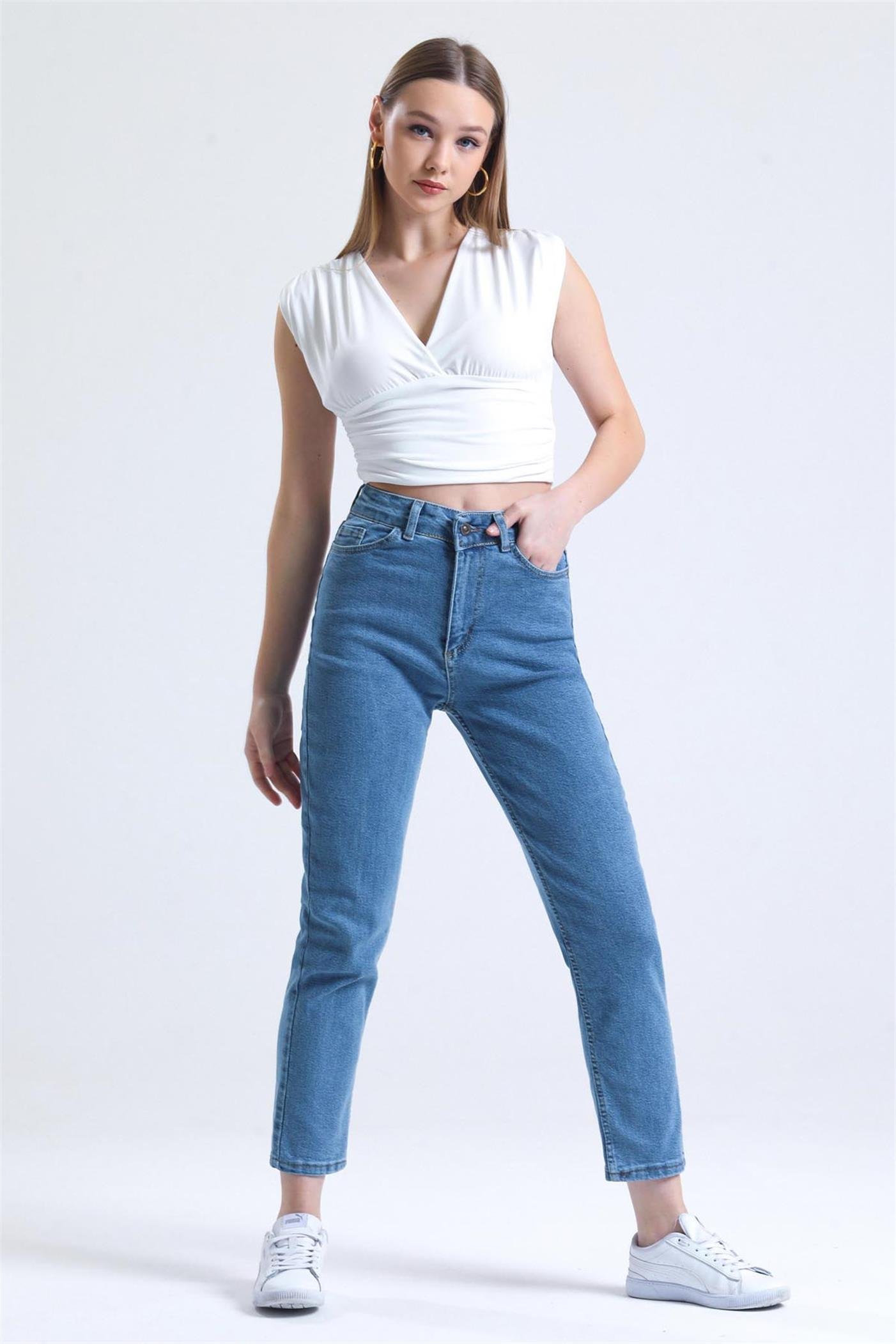 Yüksek Bel Mom Jean Kot Pantolon - Mavi