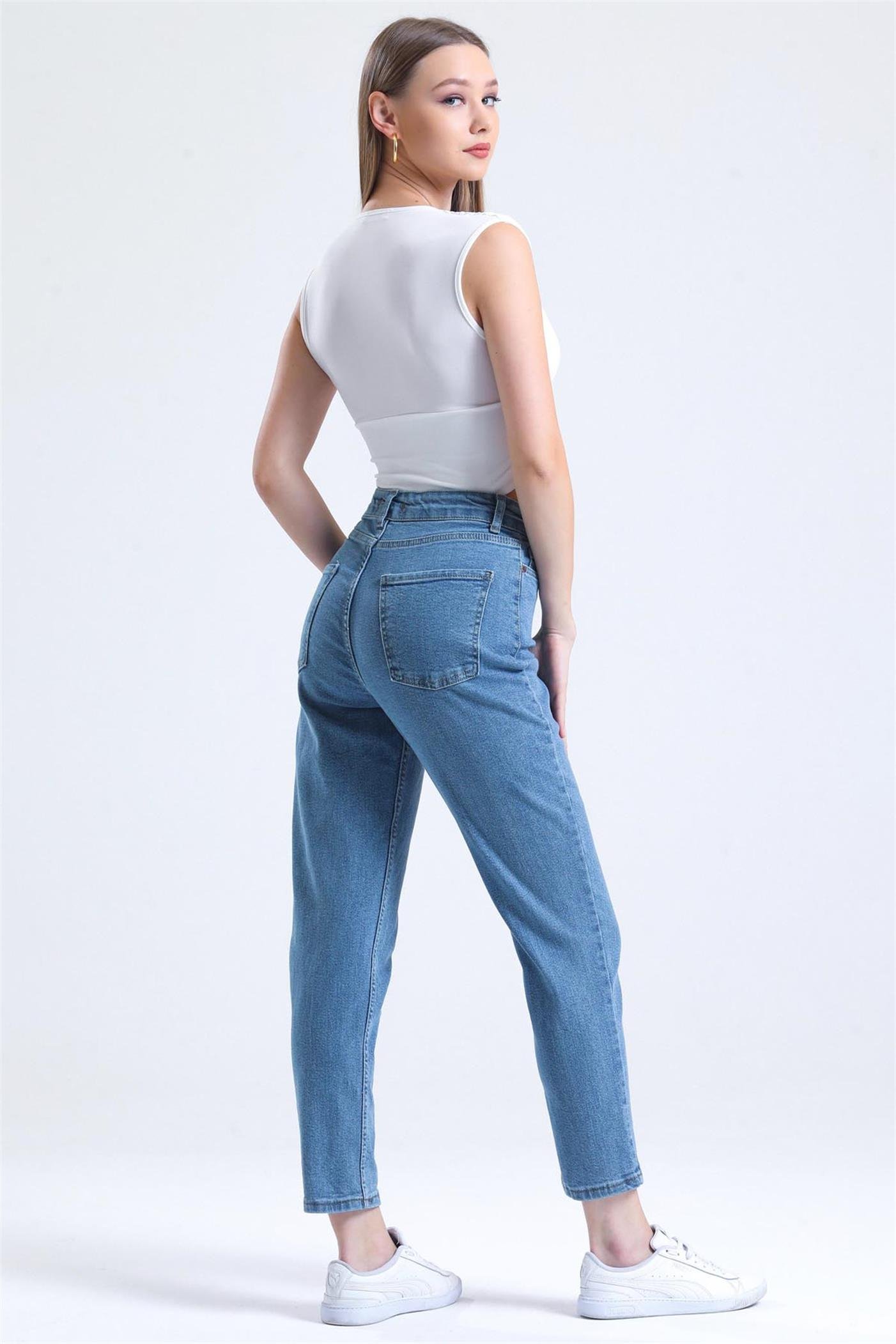 Yüksek Bel Mom Jean Kot Pantolon - Mavi