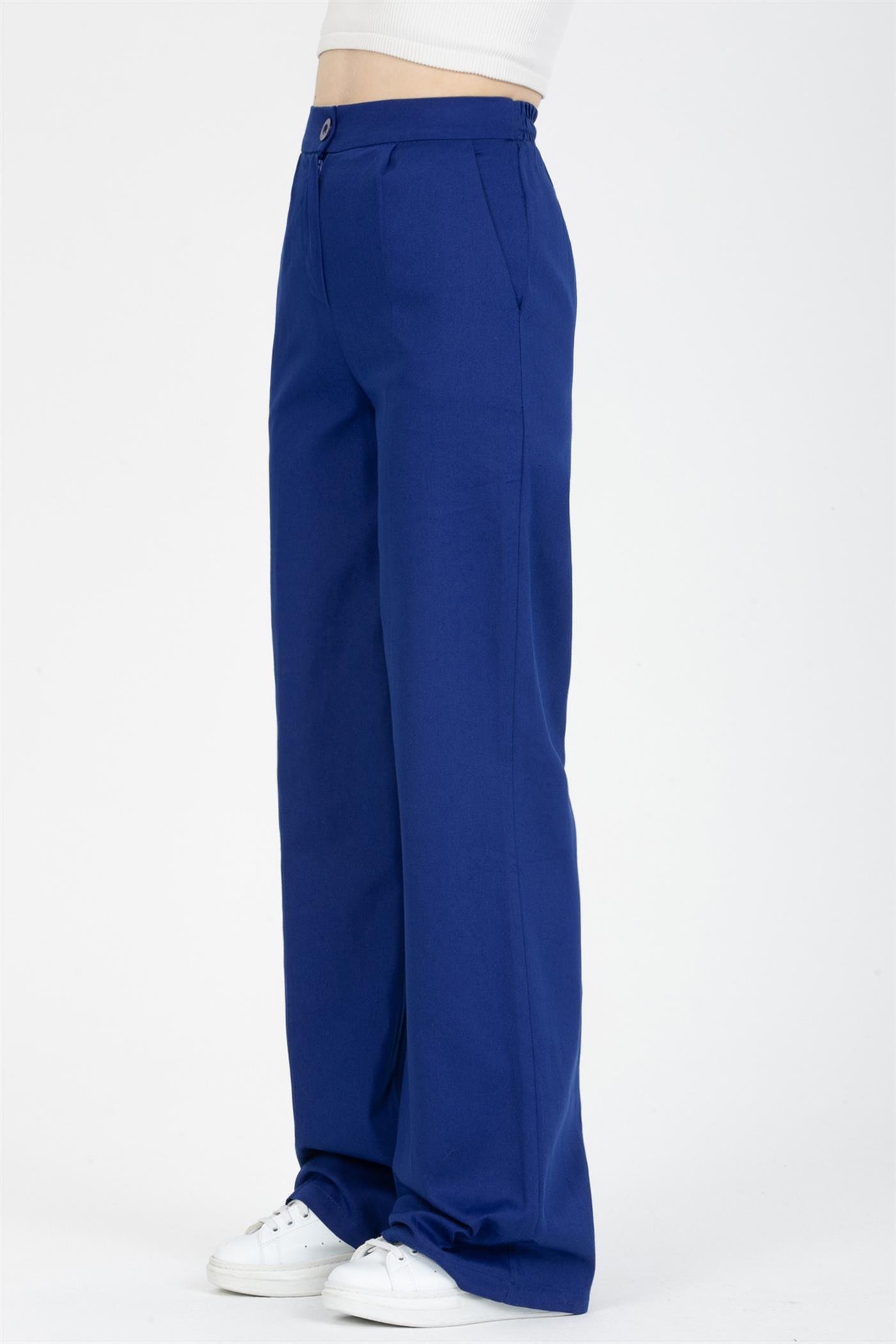 Yüksek Bel Pileli Bel Lastikli Gabardin Palazzo Pantolon - Saks