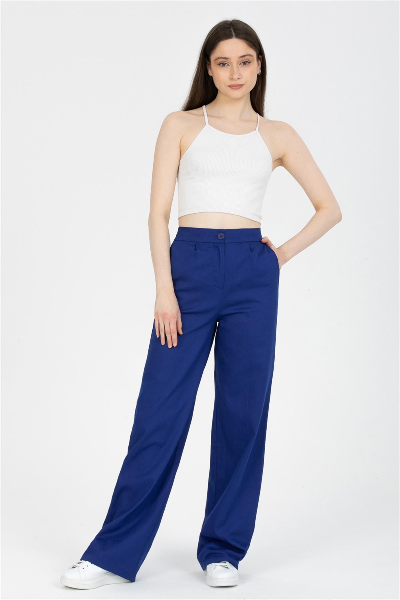 Yüksek Bel Pileli Bel Lastikli Gabardin Palazzo Pantolon - Saks