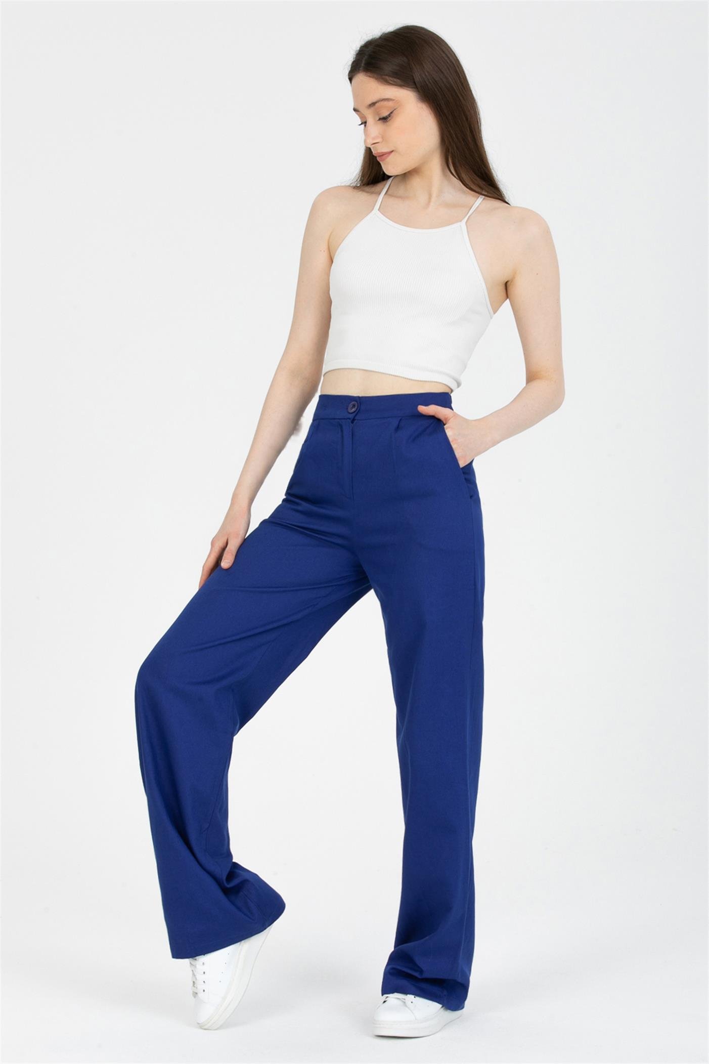 Yüksek Bel Pileli Bel Lastikli Gabardin Palazzo Pantolon - Saks