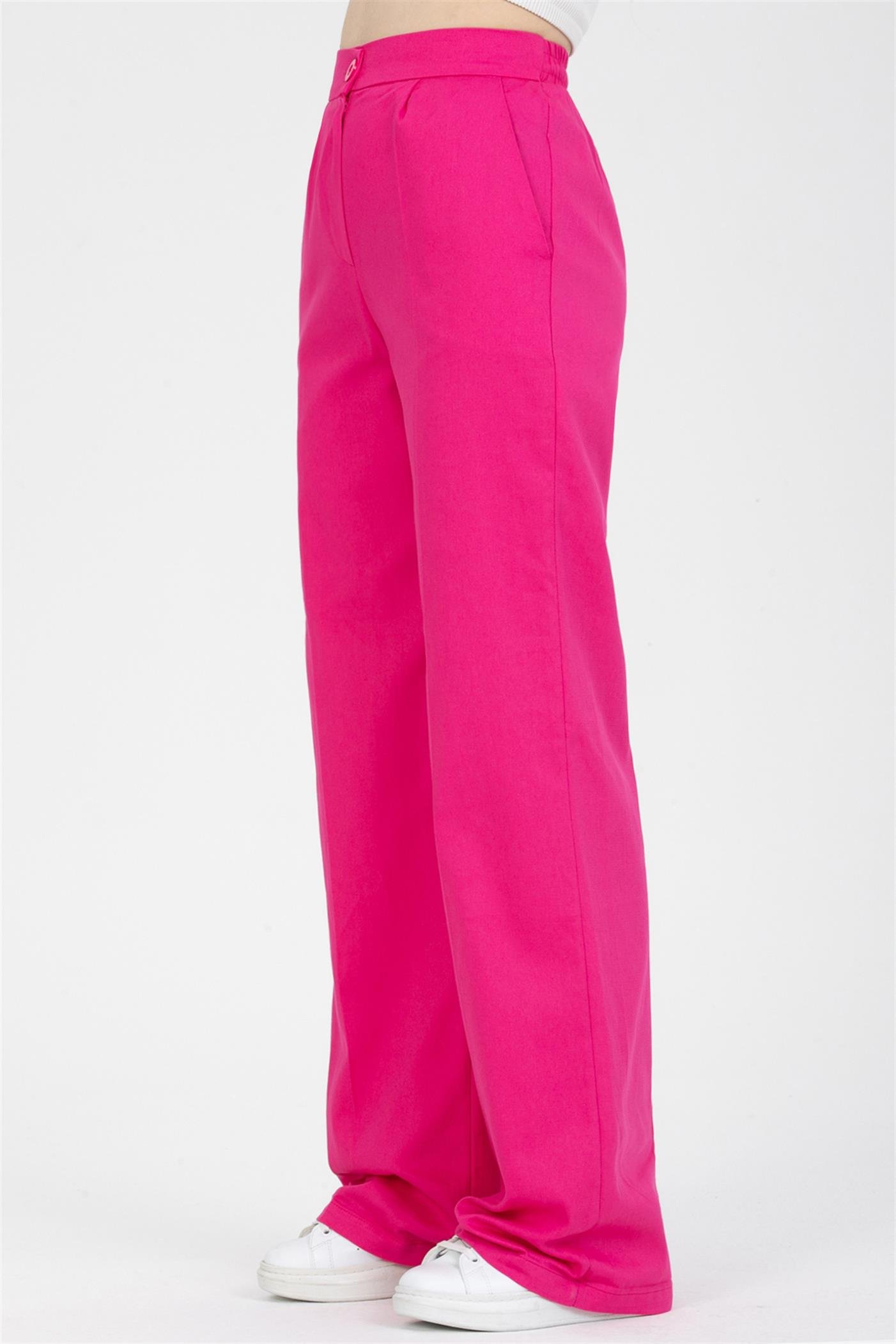 Yüksek Bel Pileli Bel Lastikli Gabardin Palazzo Pantolon - Fuşya
