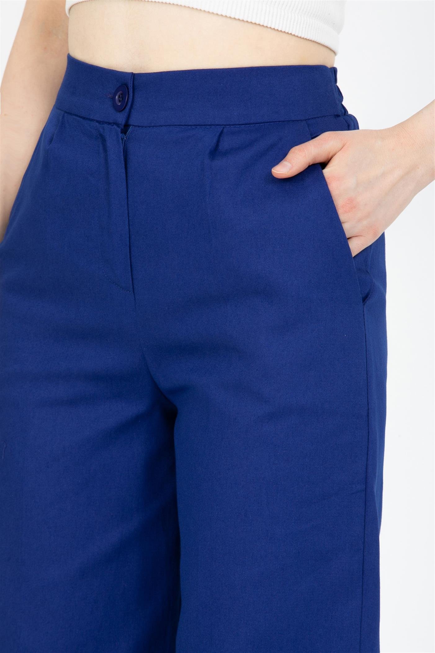 Yüksek Bel Pileli Bel Lastikli Gabardin Palazzo Pantolon - Saks