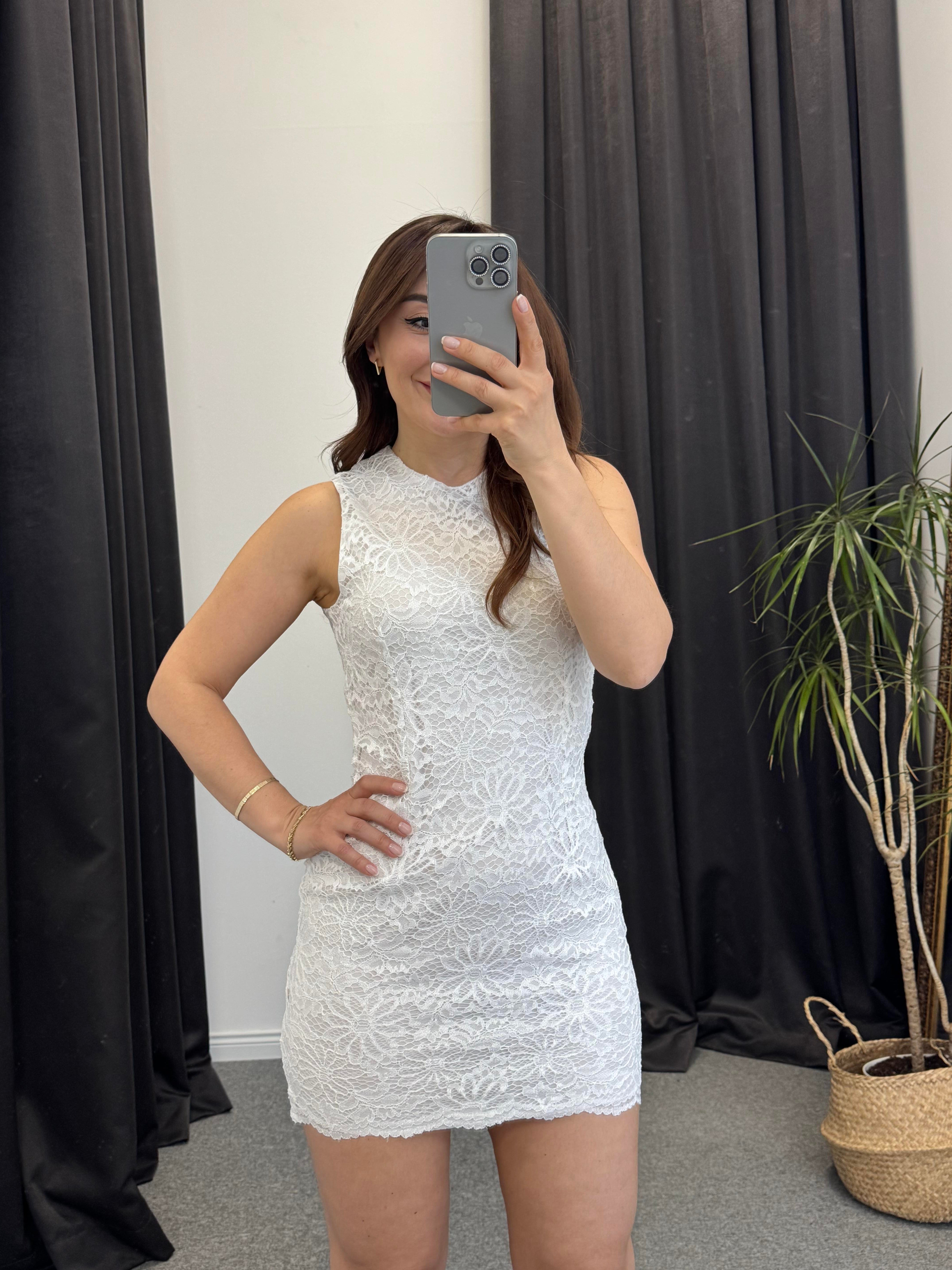 Dantel Mini Elbise Beyaz