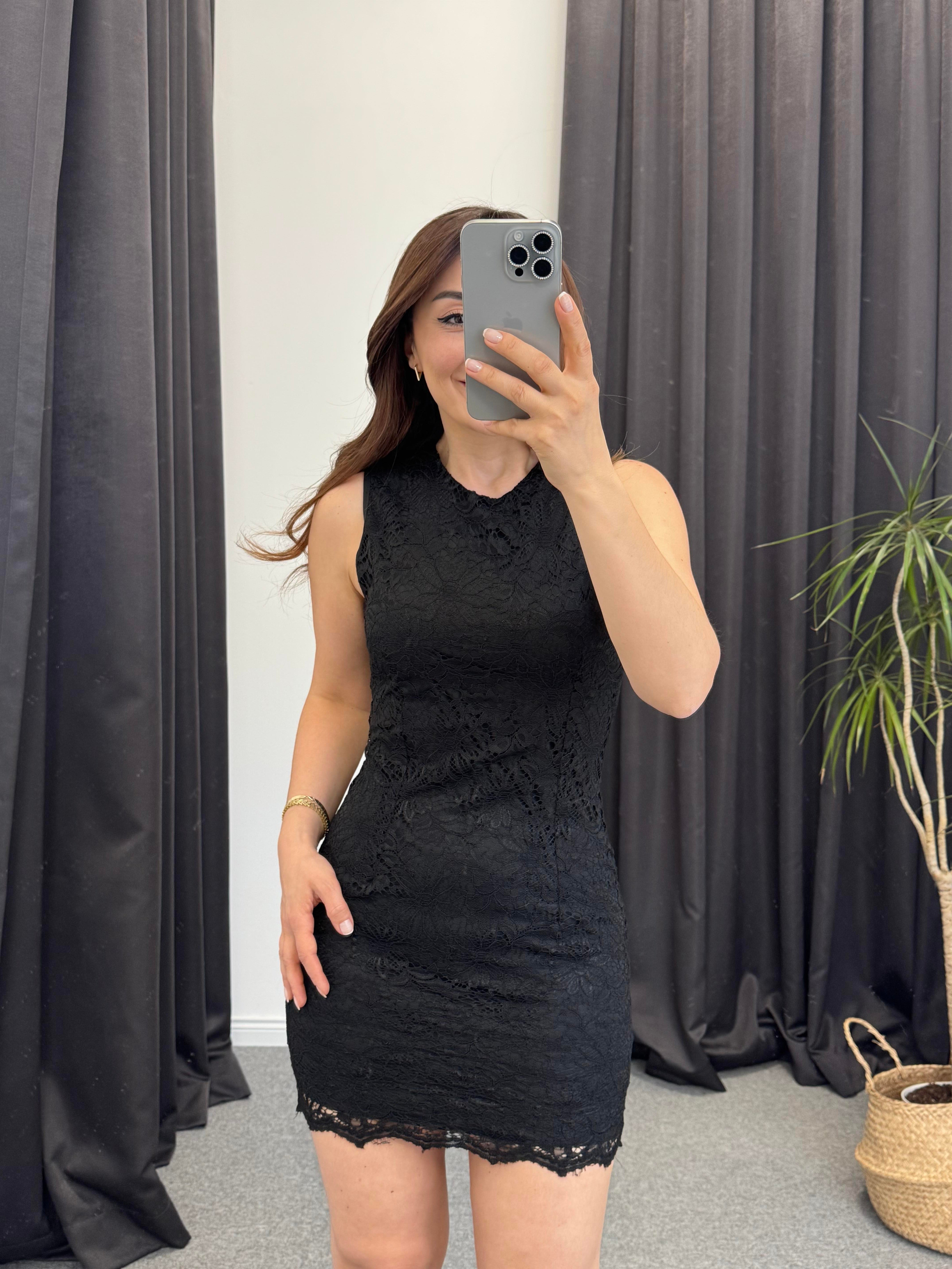 Dantel Mini Elbise Siyah