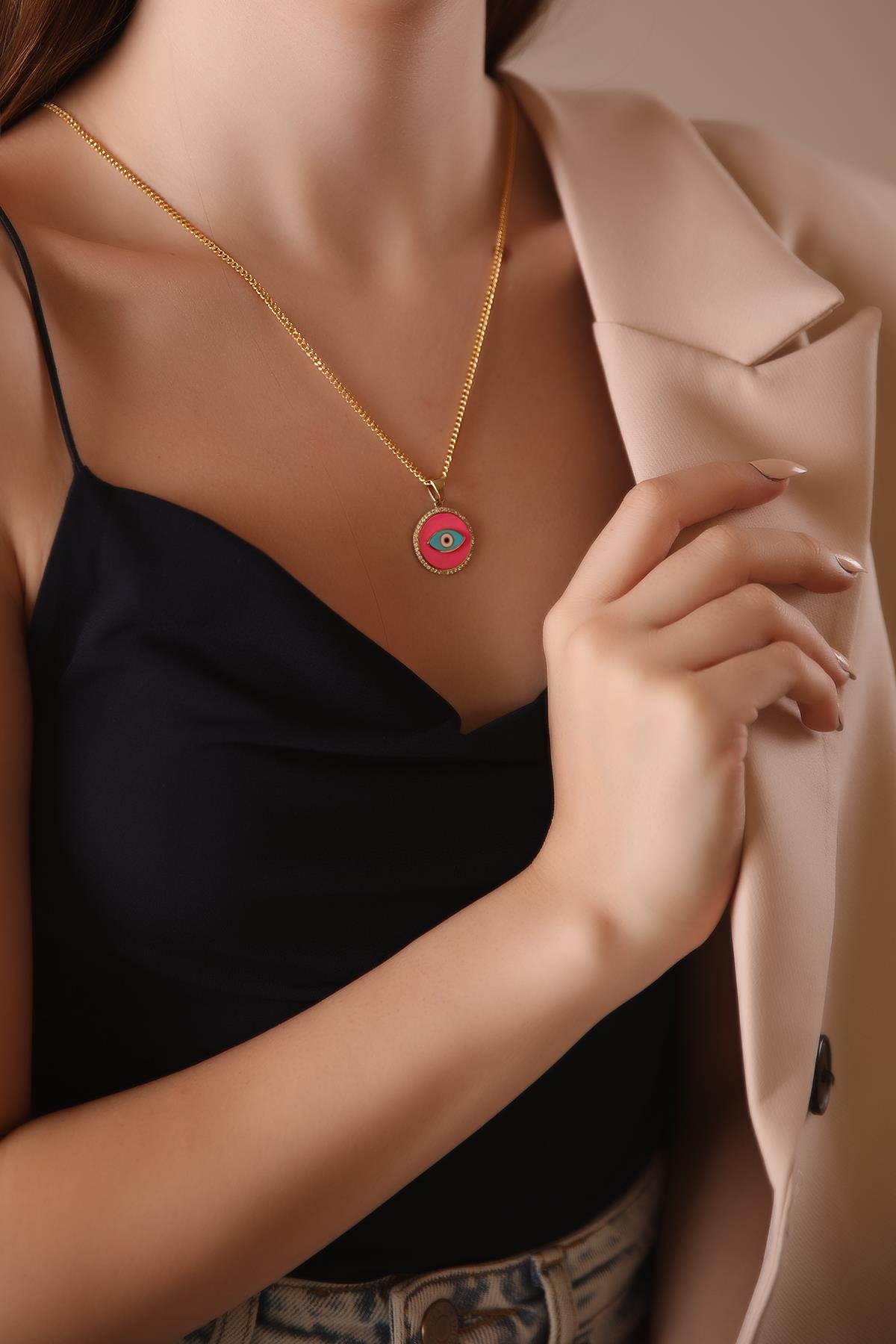ALYANAKLAR MODERN TASARIM PEMBE GÖZ DETAYLI ALTIN KOLYE UCU Altın Kolyeler