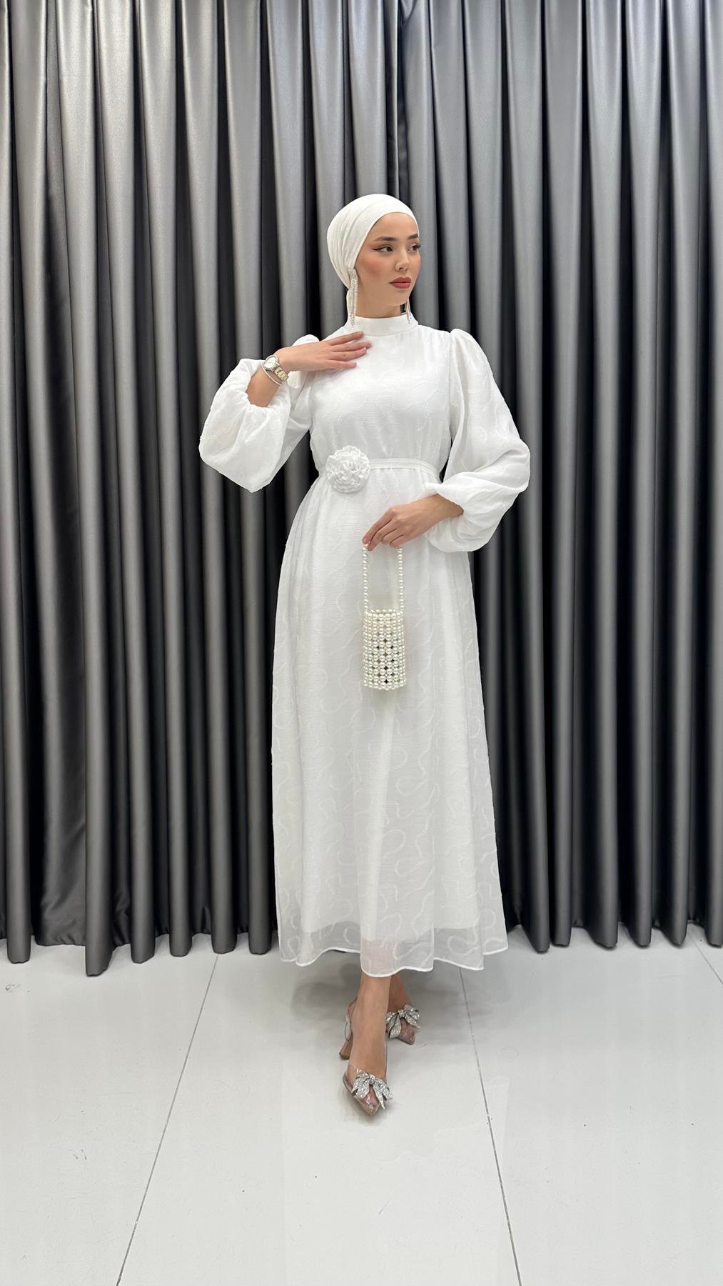 1016 Y Bayan Elbise-Beyaz