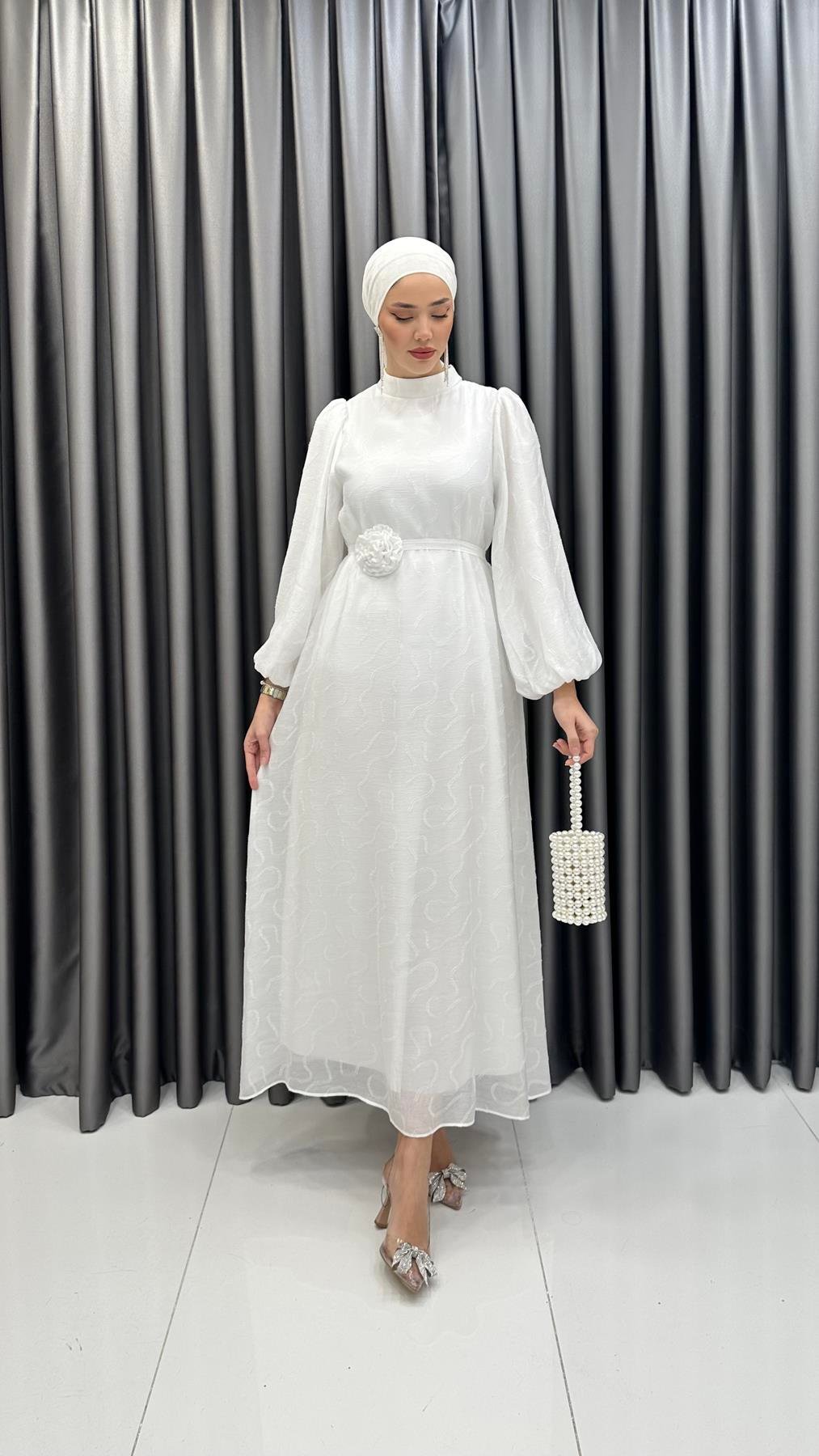 1016 Y Bayan Elbise-Beyaz