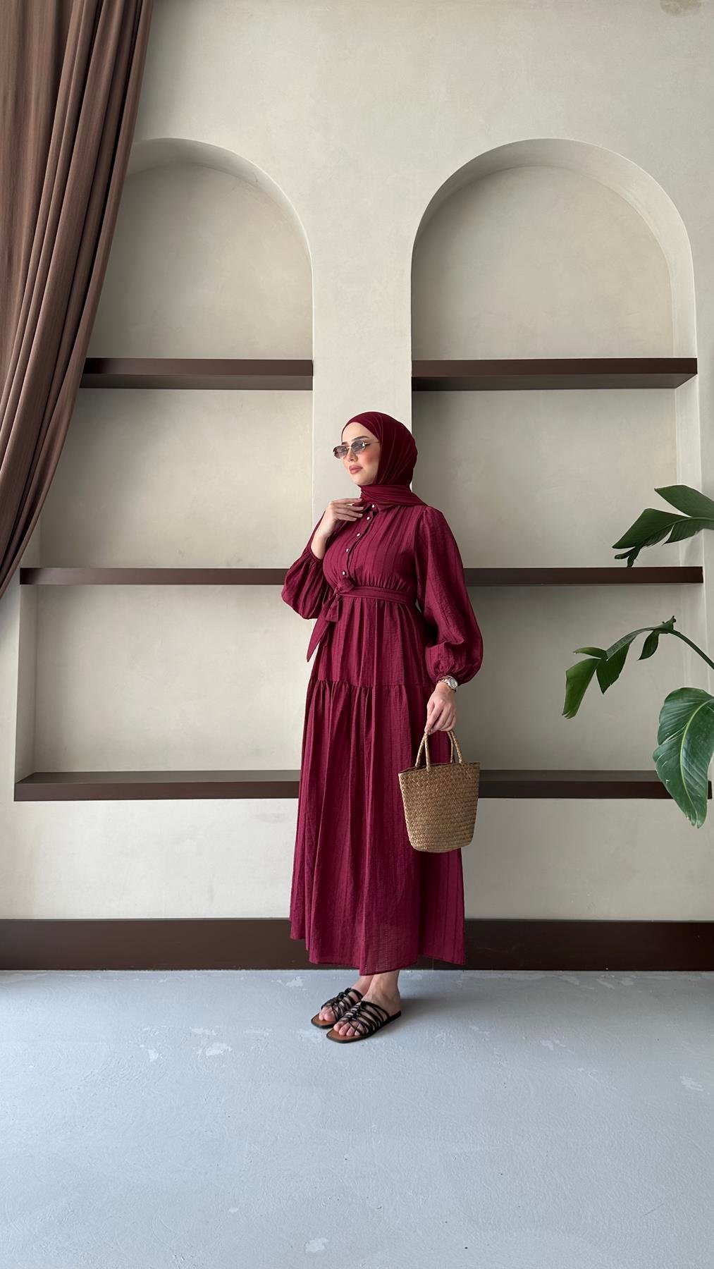 1065 Y Bayan Elbise-Bordo