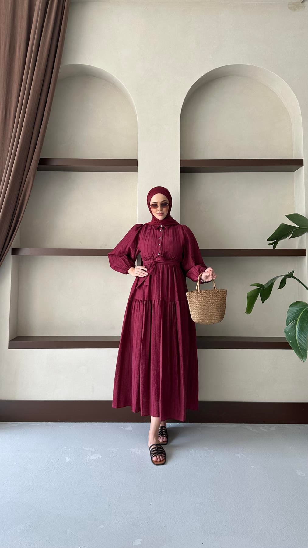 1065 Y Bayan Elbise-Bordo