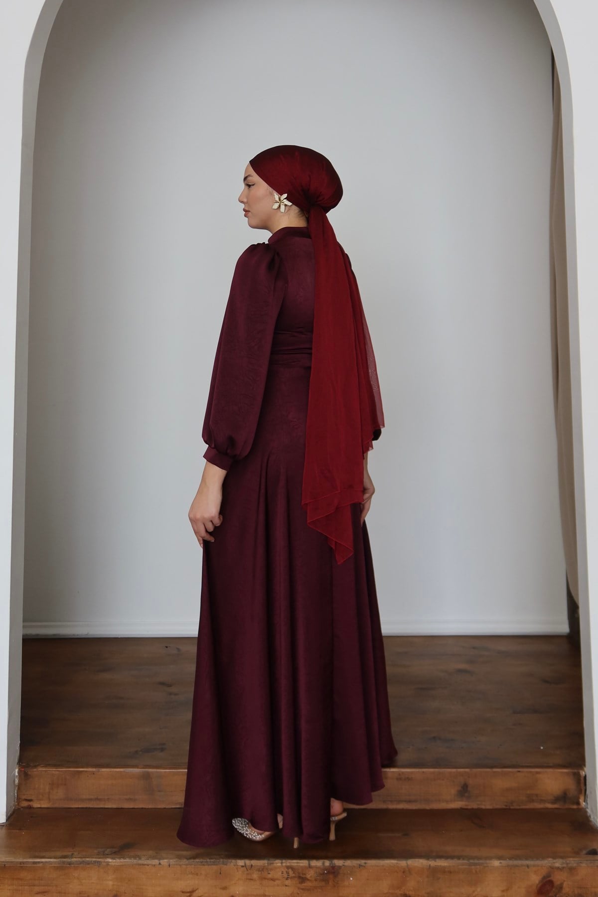 1242 Y Saten Elbise-Bordo