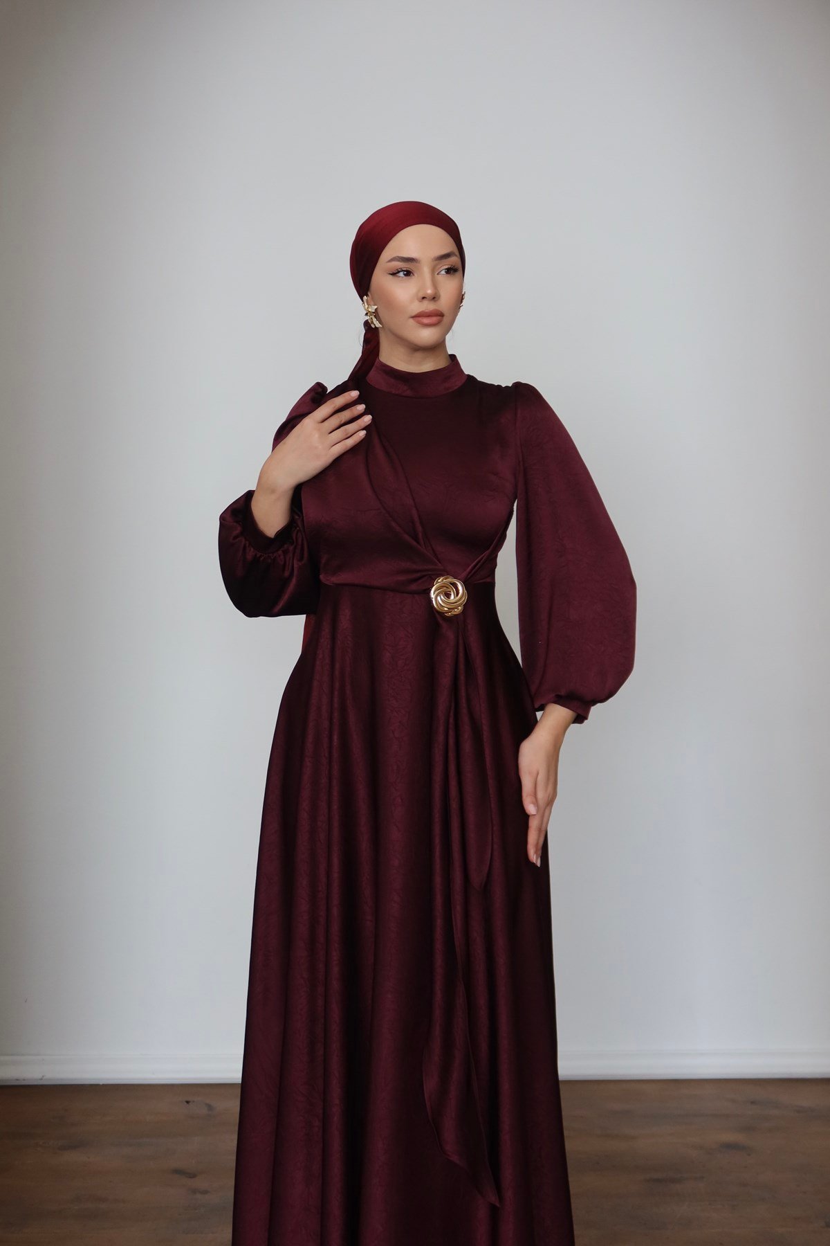 1242 Y Saten Elbise-Bordo