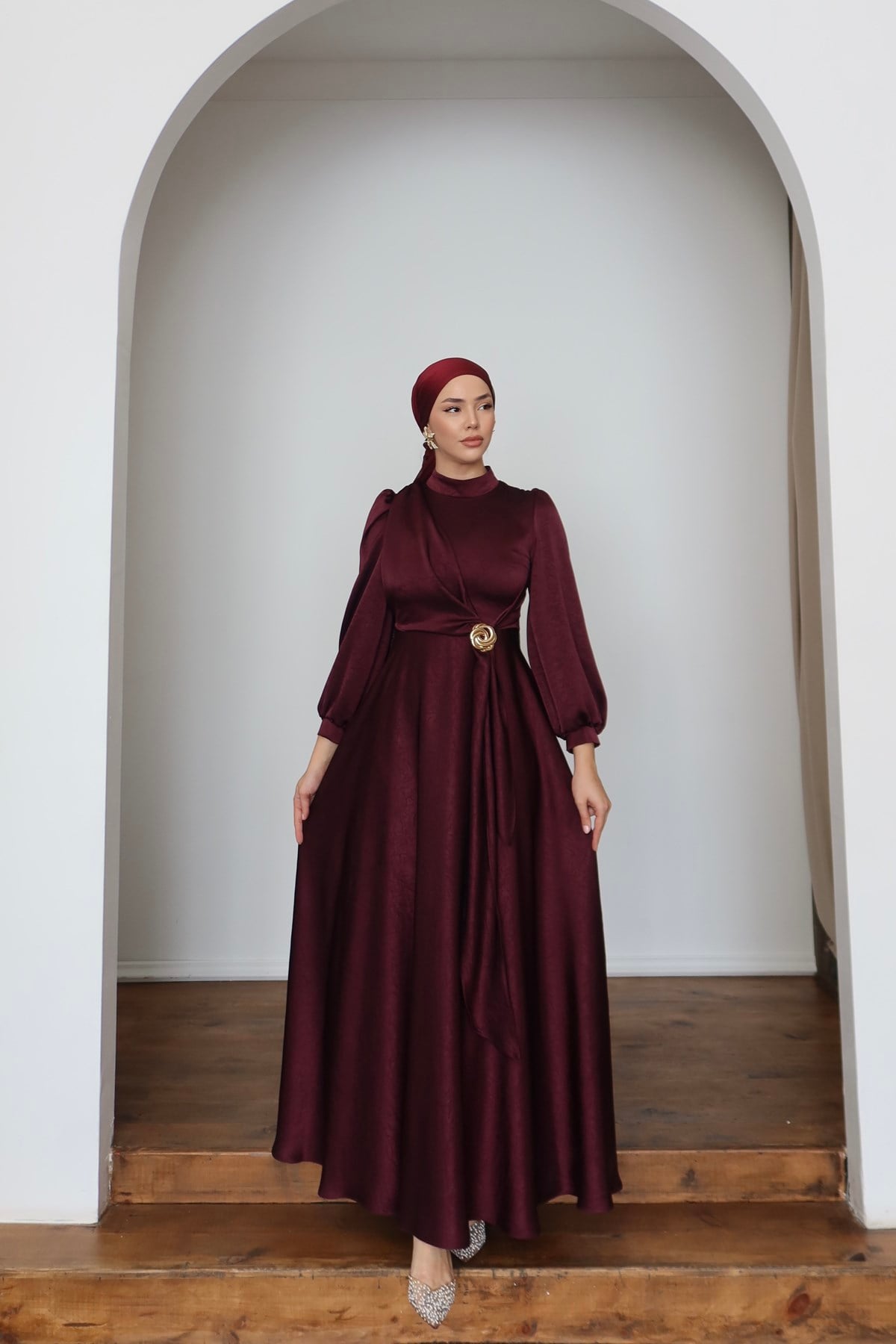 1242 Y Saten Elbise-Bordo