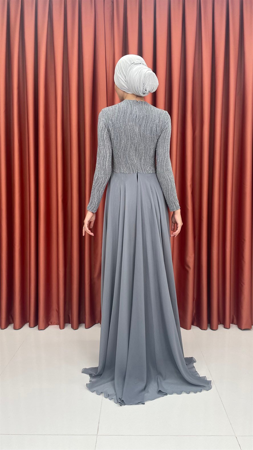 238 G Bayan Abiye Elbise-Gri