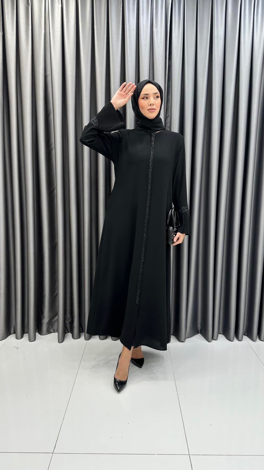 4099 Ş Plise Kol Ferace-Siyah