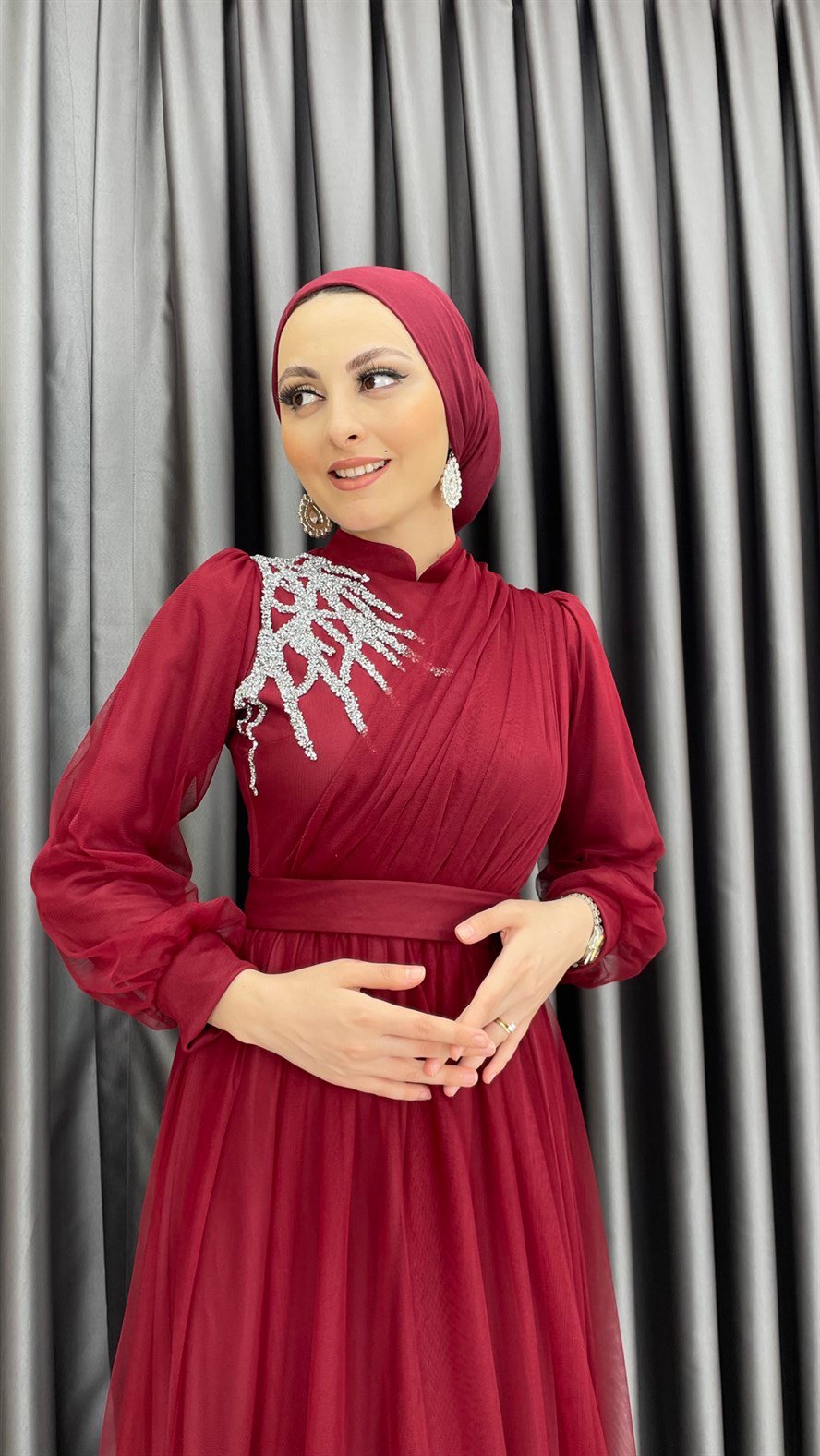 4245 T Abiye Elbise-Bordo
