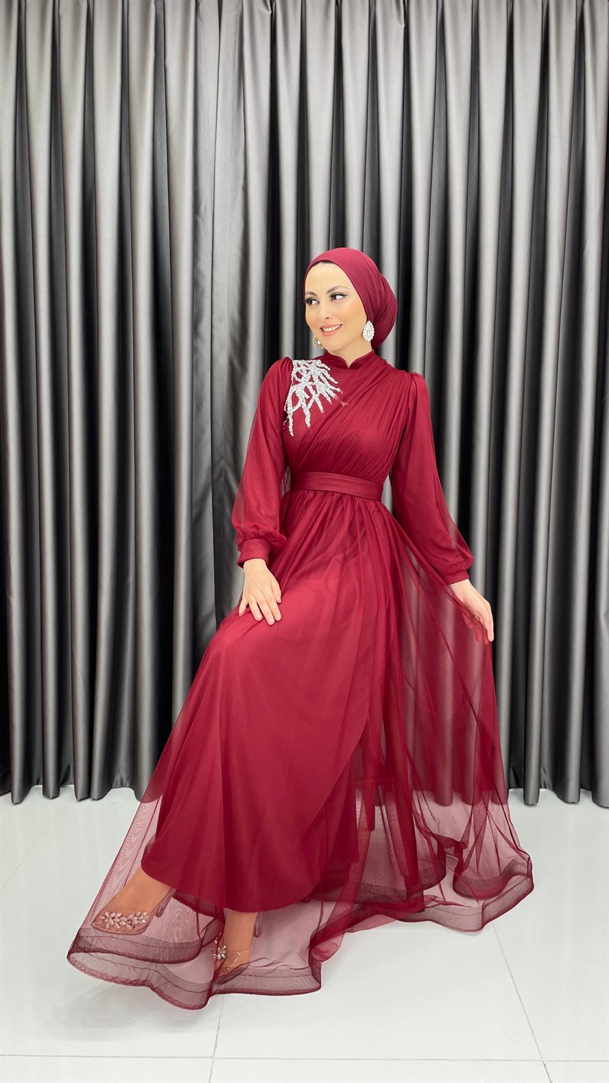 4245 T Abiye Elbise-Bordo