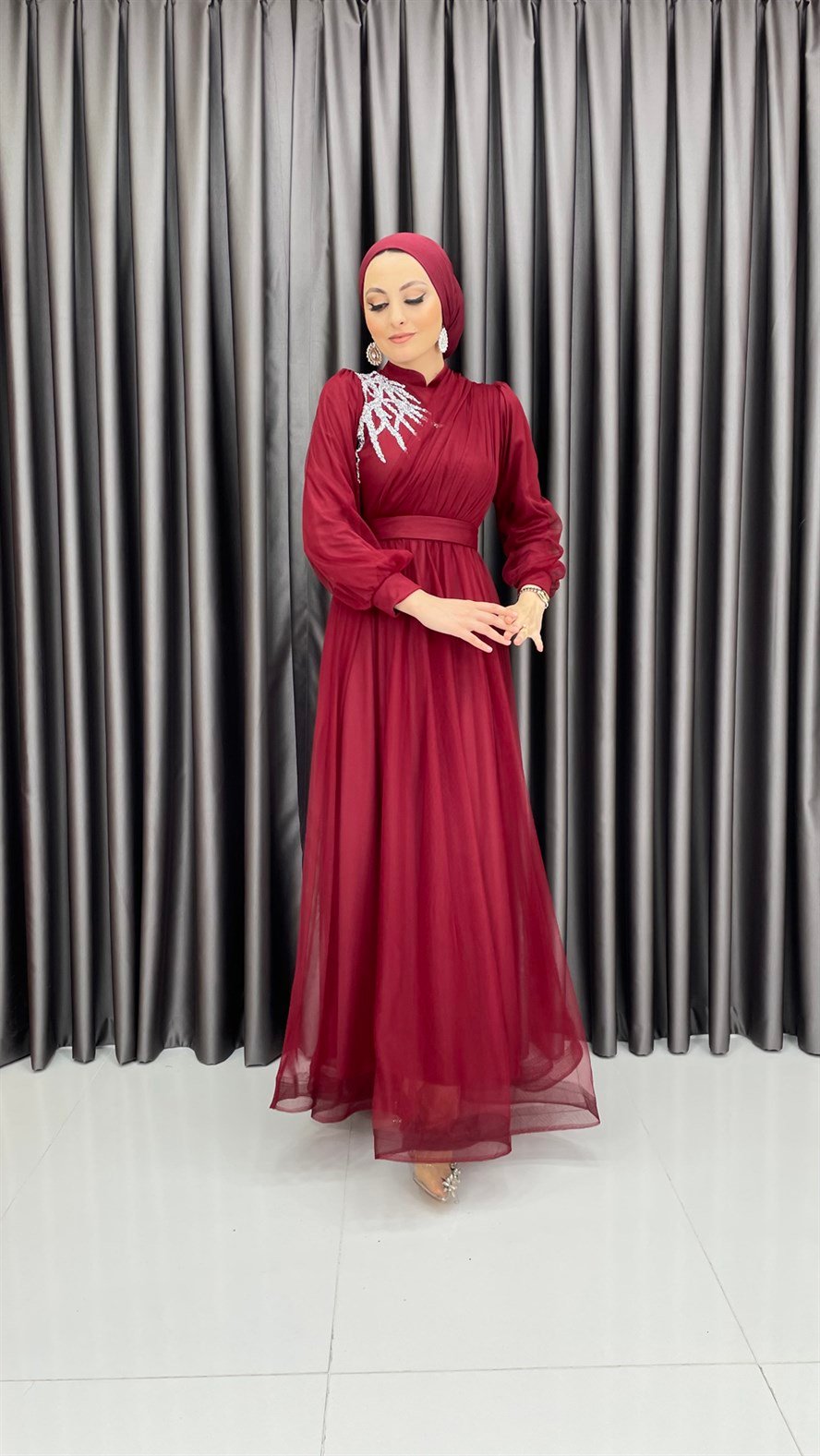 4245 T Abiye Elbise-Bordo