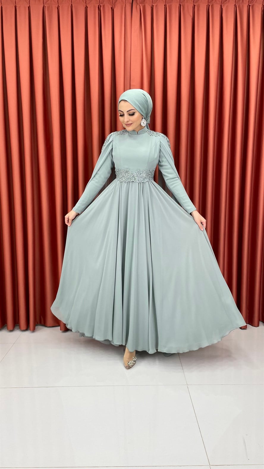 448 G Abiye Elbise-Mint