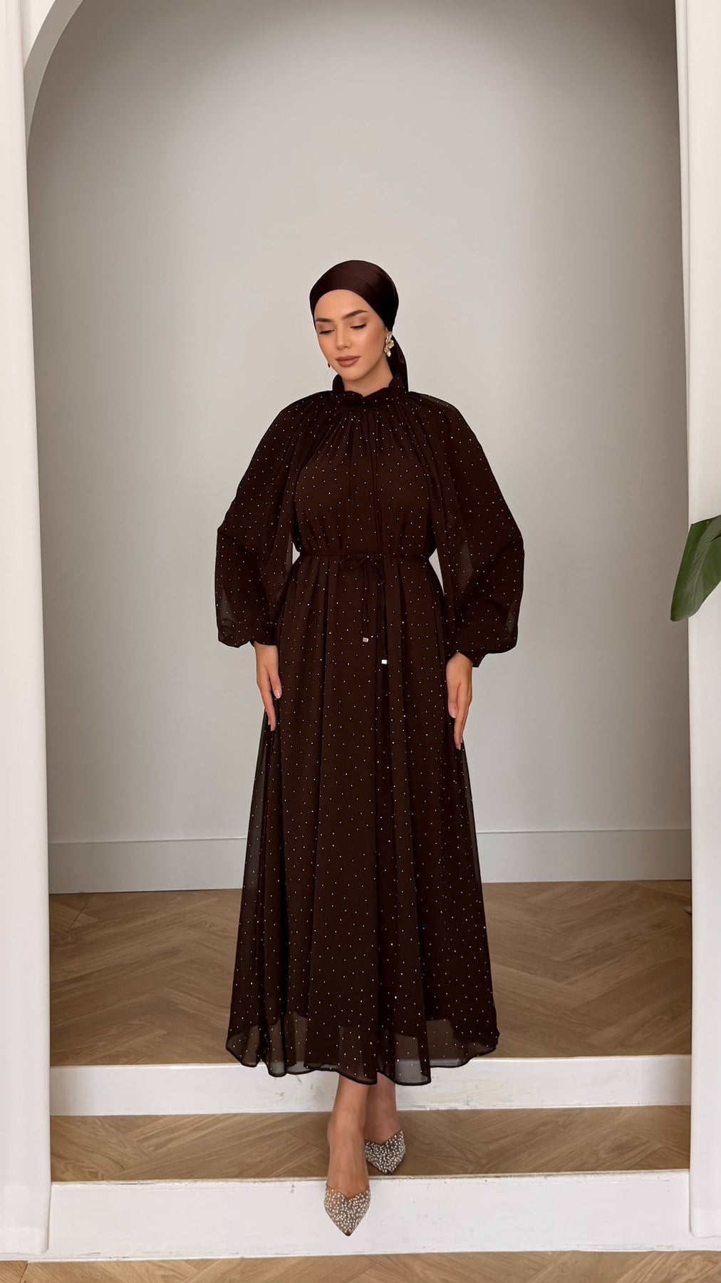 5146 W Taşlı Elbise-Kahve Rengi
