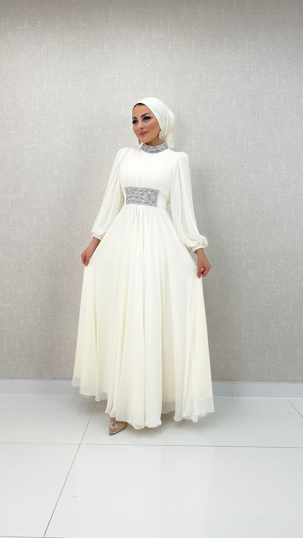 715 G Abiye Elbise-Ekru