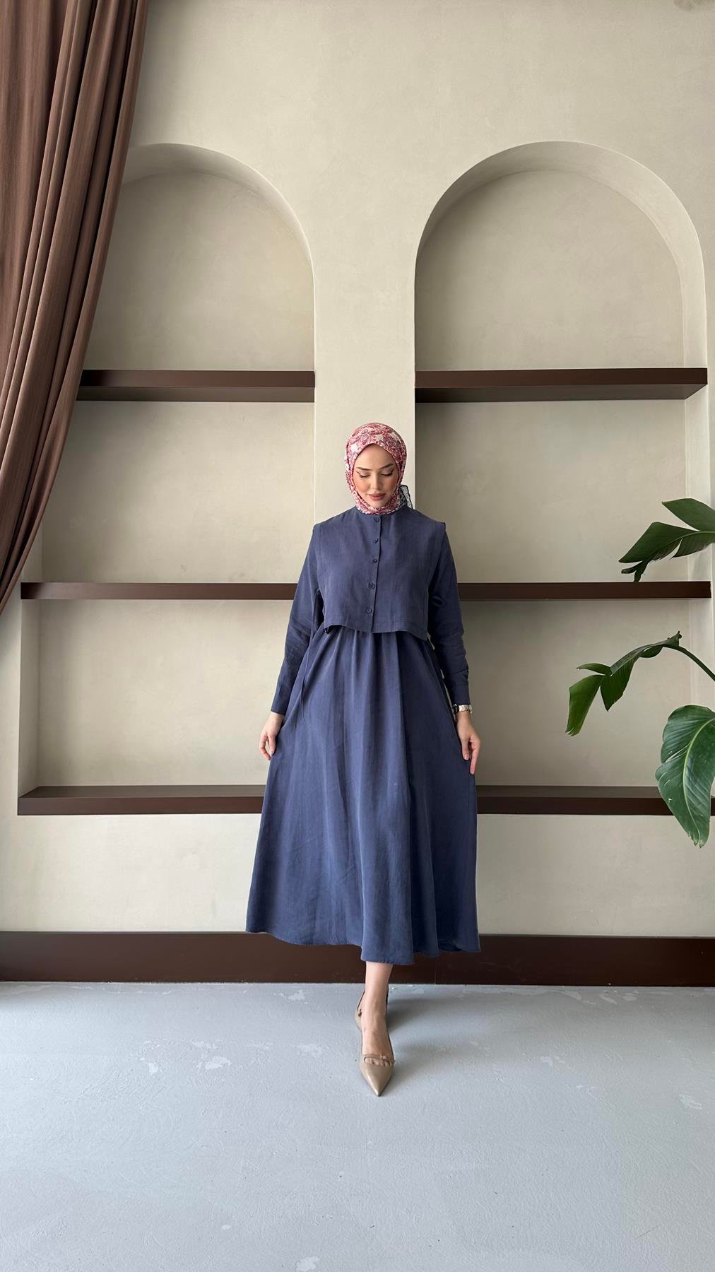 8349 H Bayan Elbise-İndigo Mavi