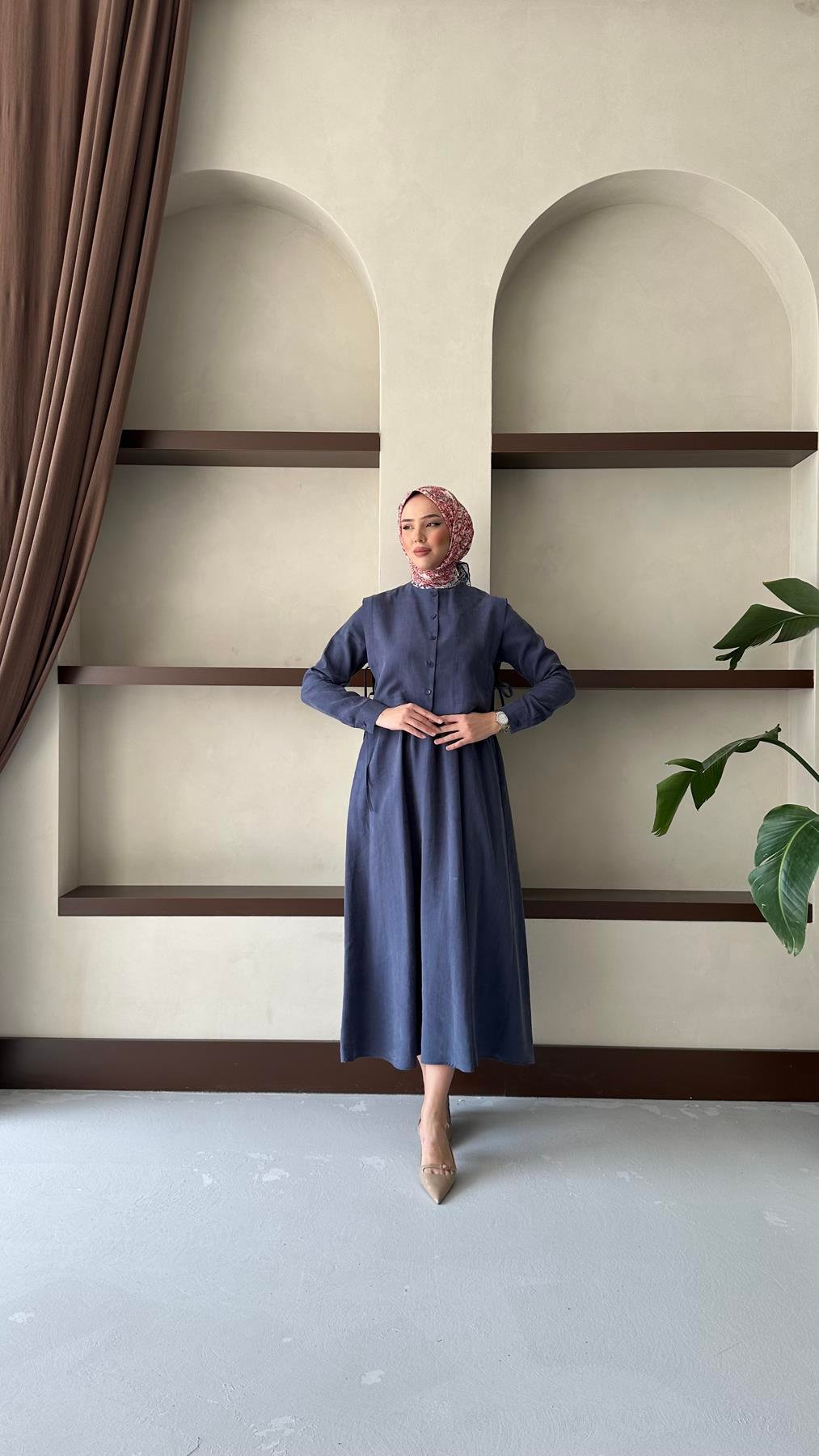 8349 H Bayan Elbise-İndigo Mavi