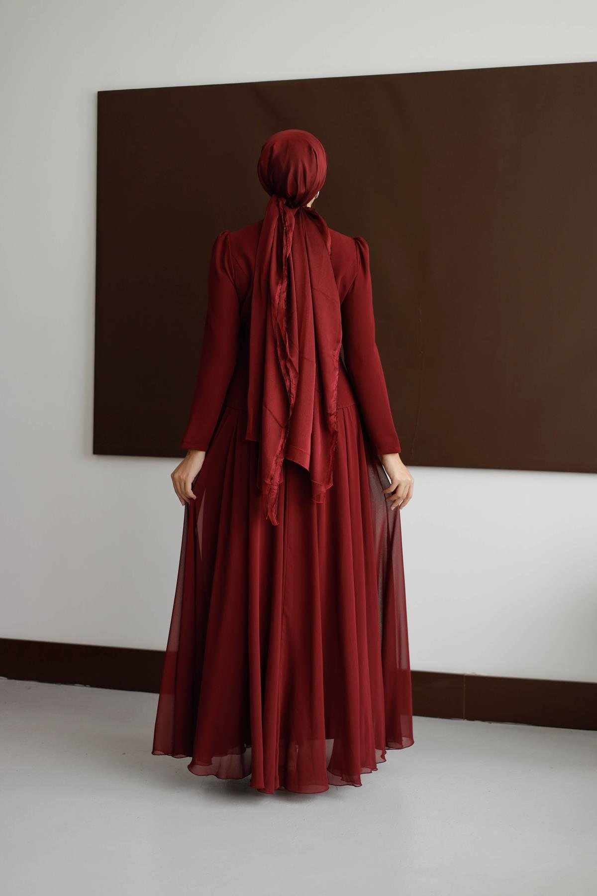 838 G Abiye Elbise-Bordo