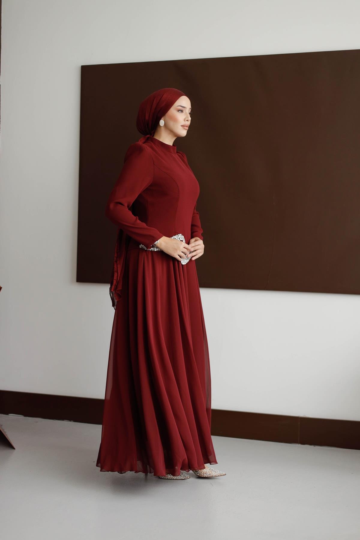 838 G Abiye Elbise-Bordo