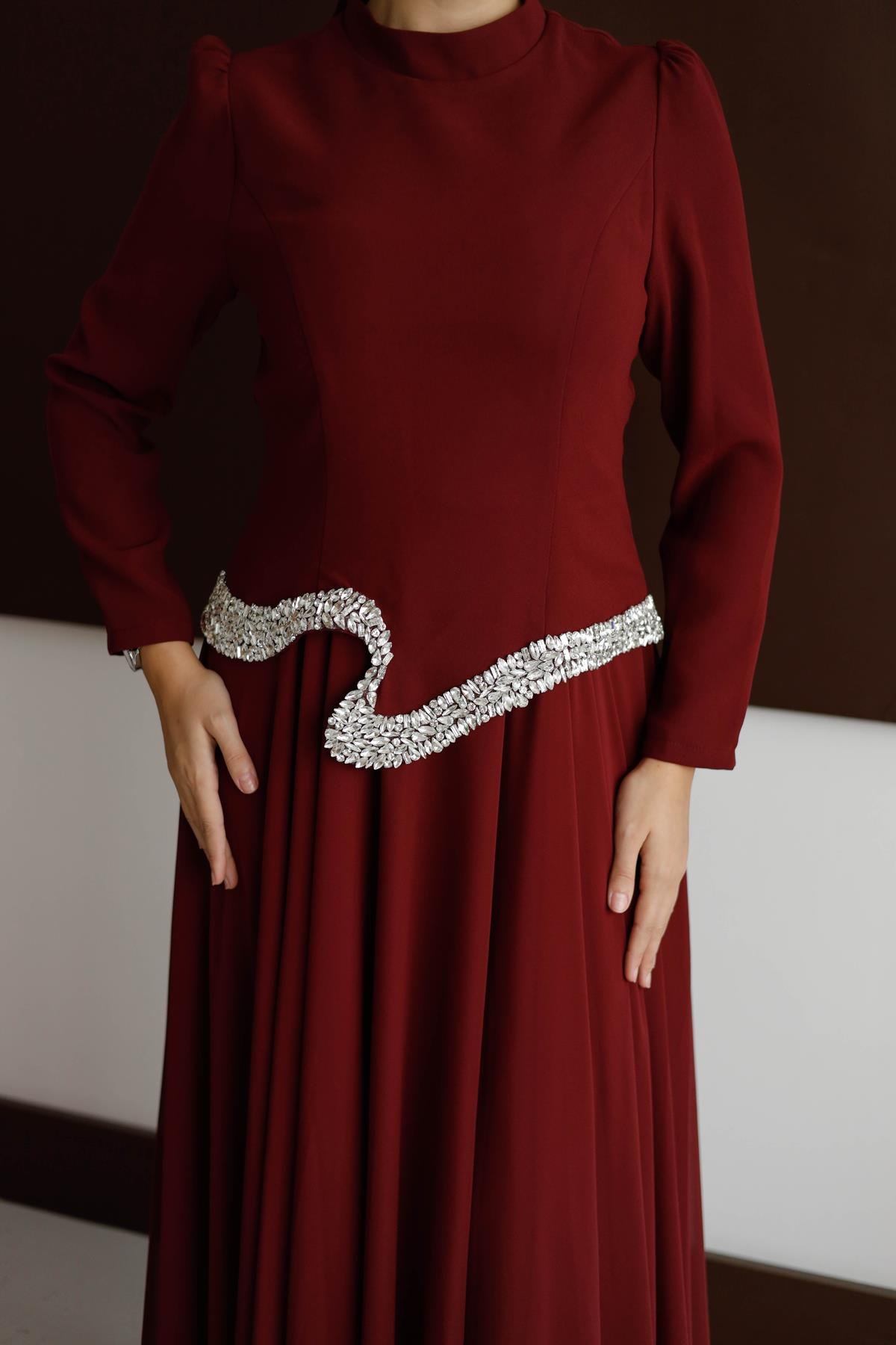 838 G Abiye Elbise-Bordo