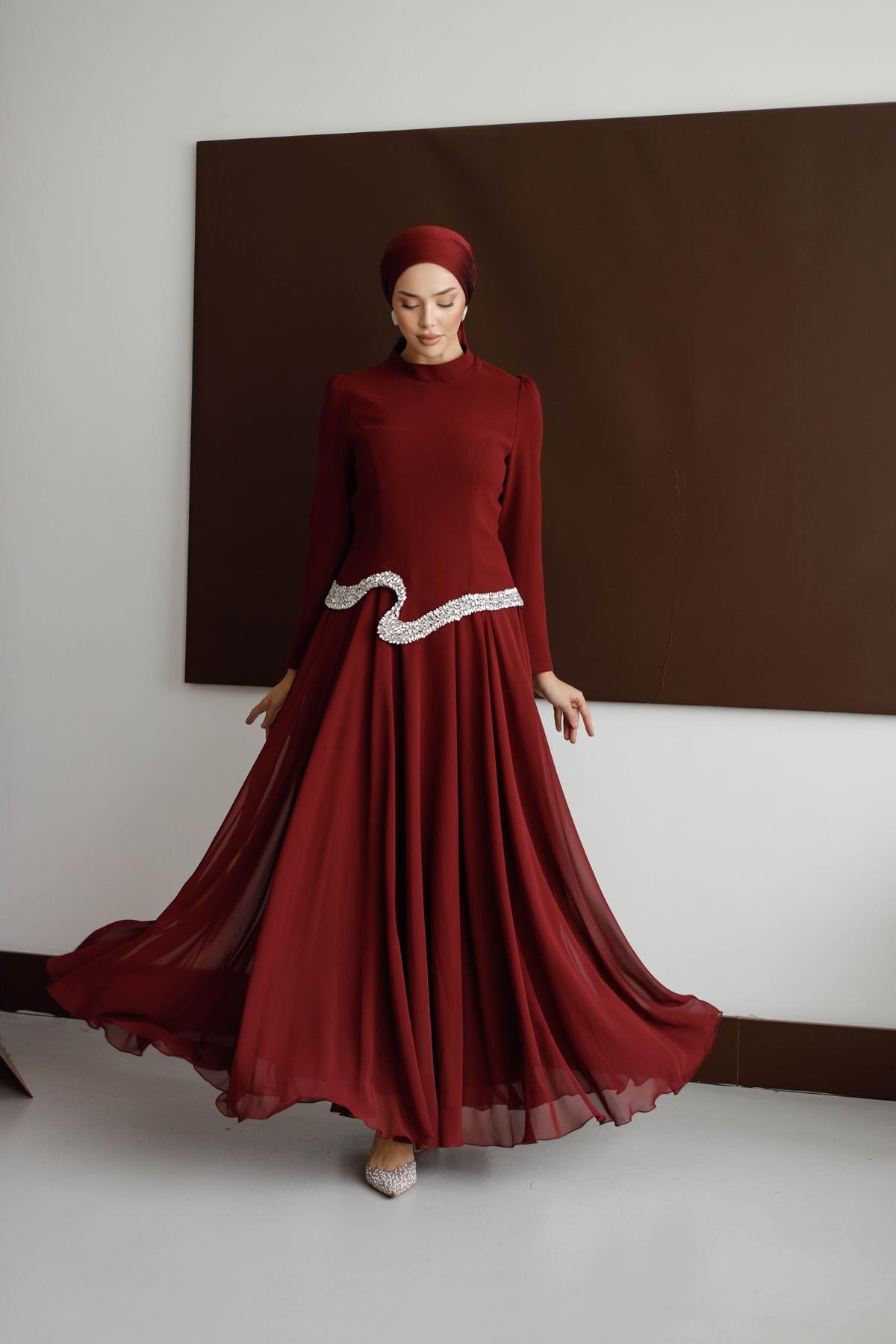 838 G Abiye Elbise-Bordo