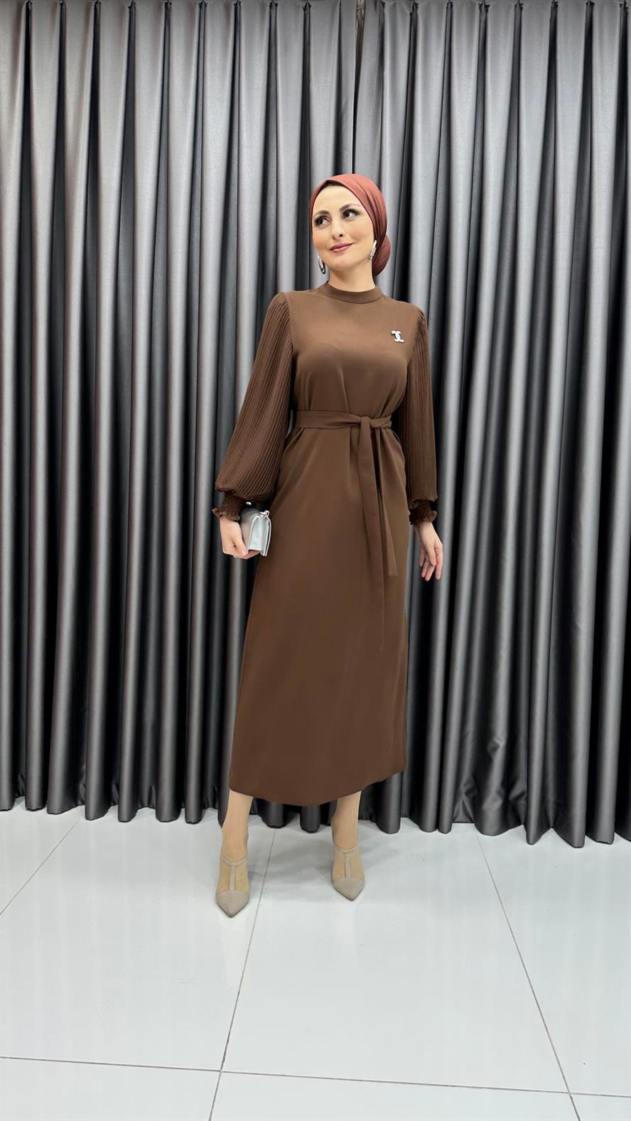 9713 Y Bayan Elbise-Kahve Rengi