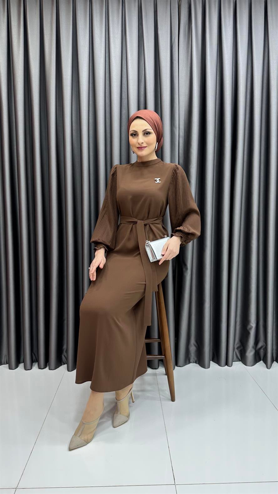 9713 Y Bayan Elbise-Kahve Rengi