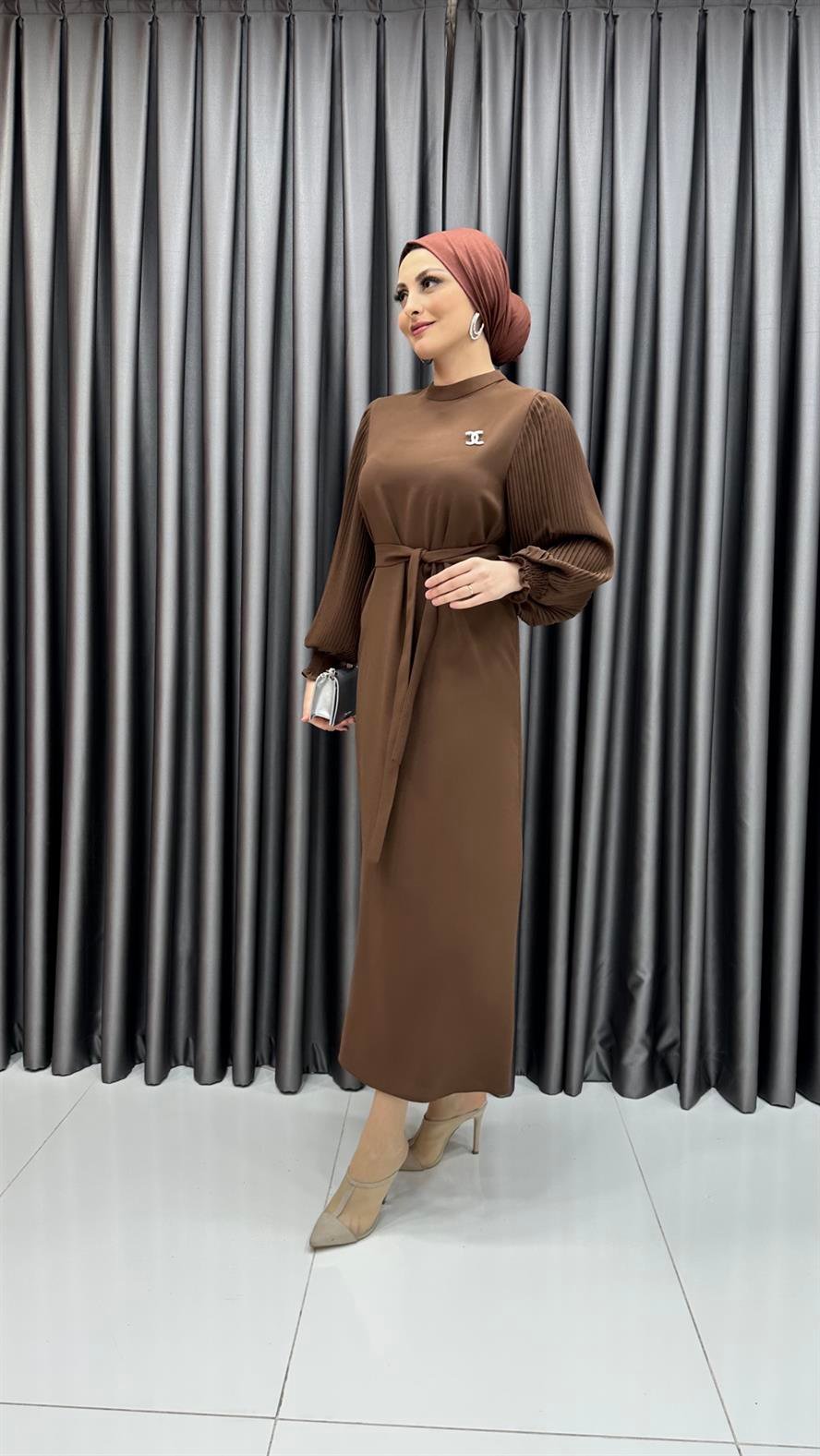 9713 Y Bayan Elbise-Kahve Rengi
