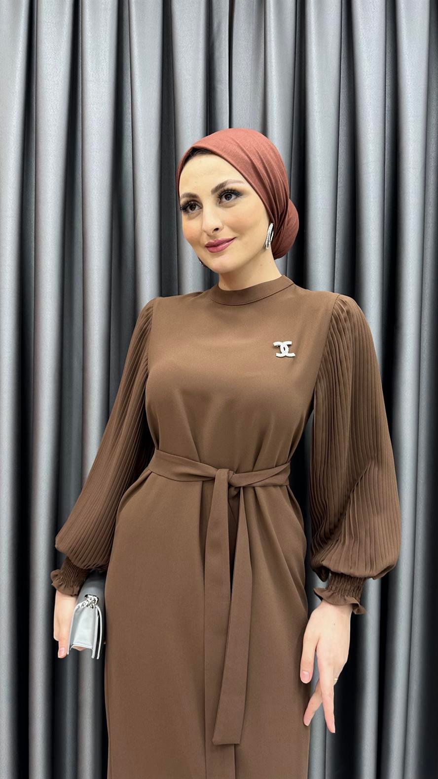 9713 Y Bayan Elbise-Kahve Rengi