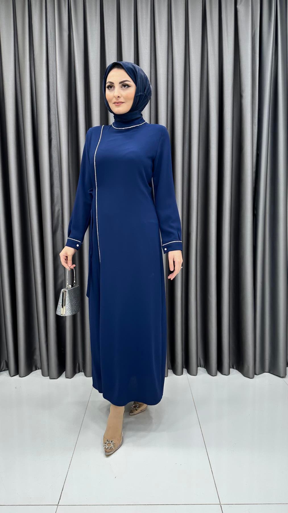9817 Y Bayan Elbise-İndigo Mavi