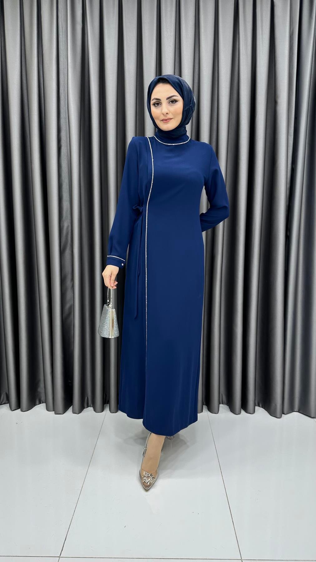 9817 Y Bayan Elbise-İndigo Mavi