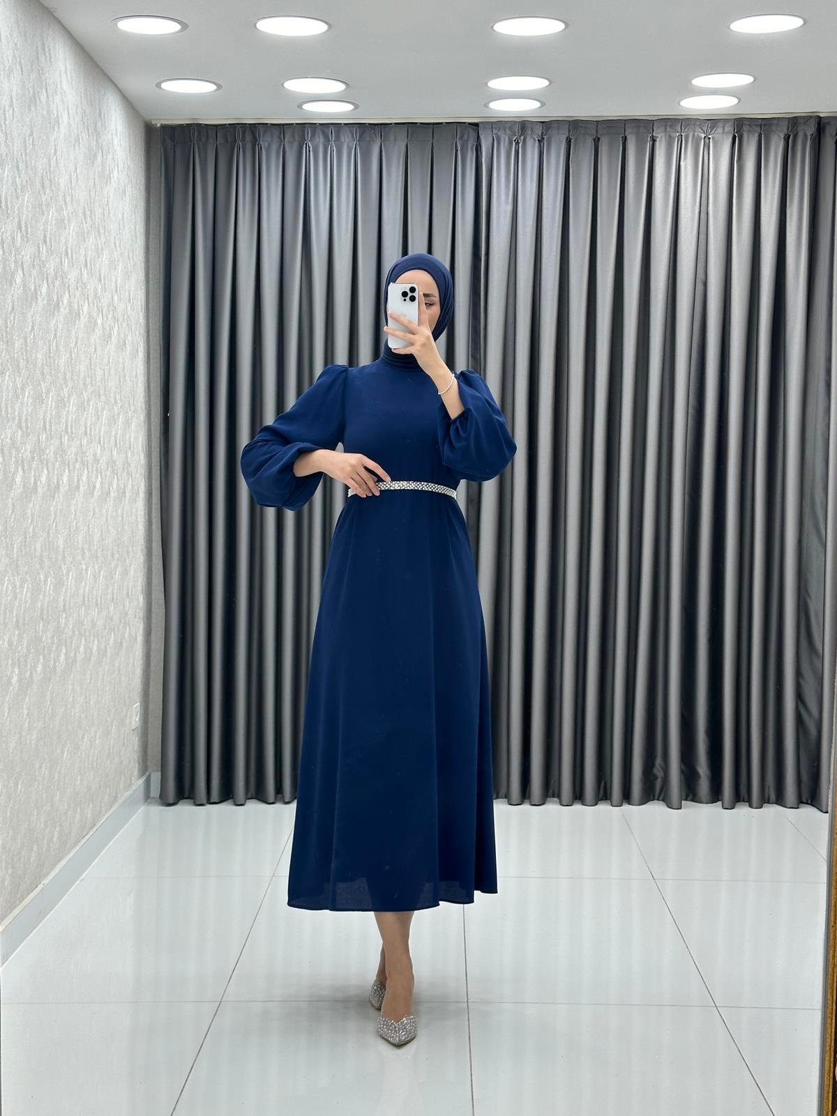 9879 Y Bayan Elbise-İndigo Mavi