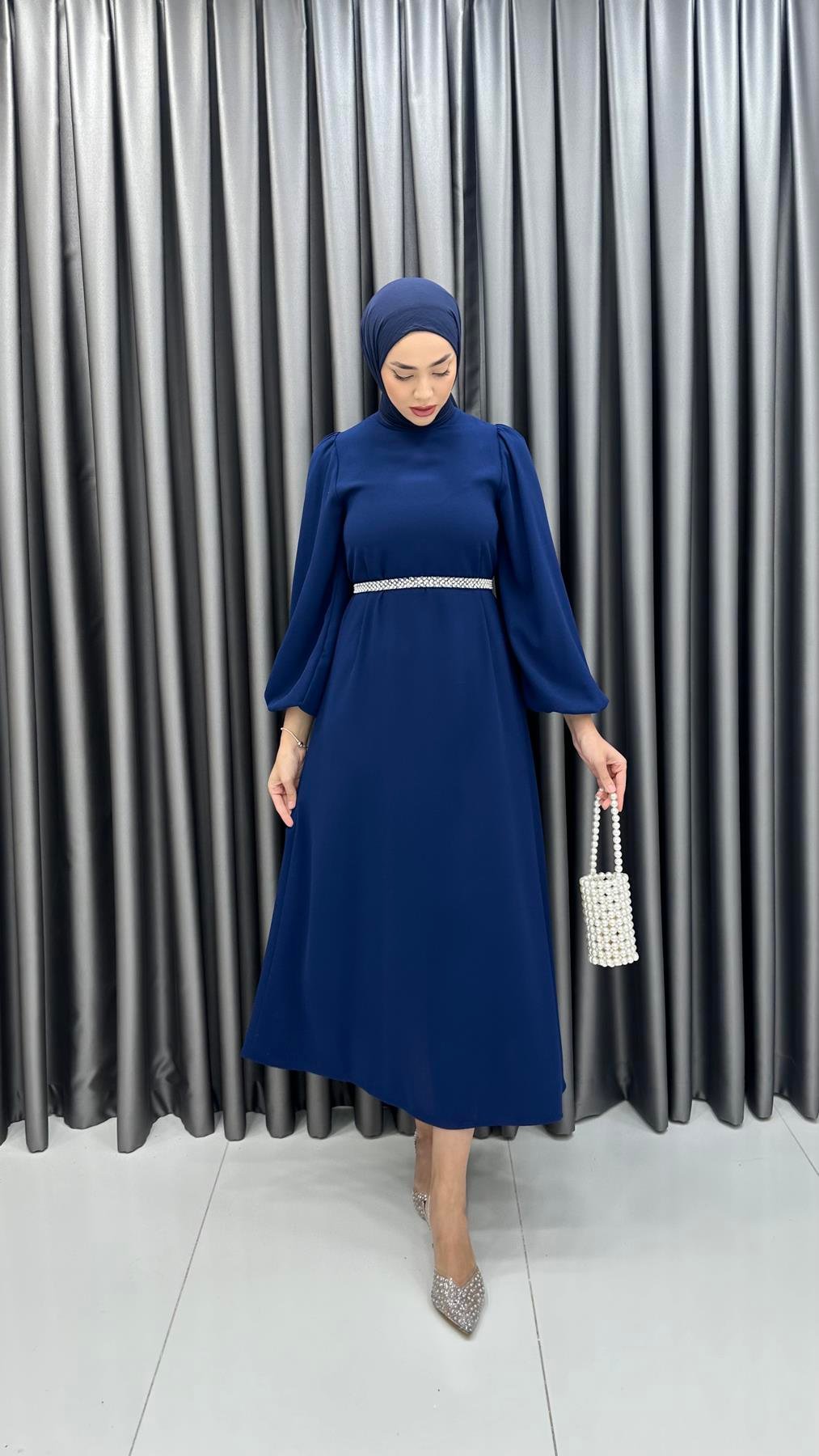 9879 Y Bayan Elbise-İndigo Mavi