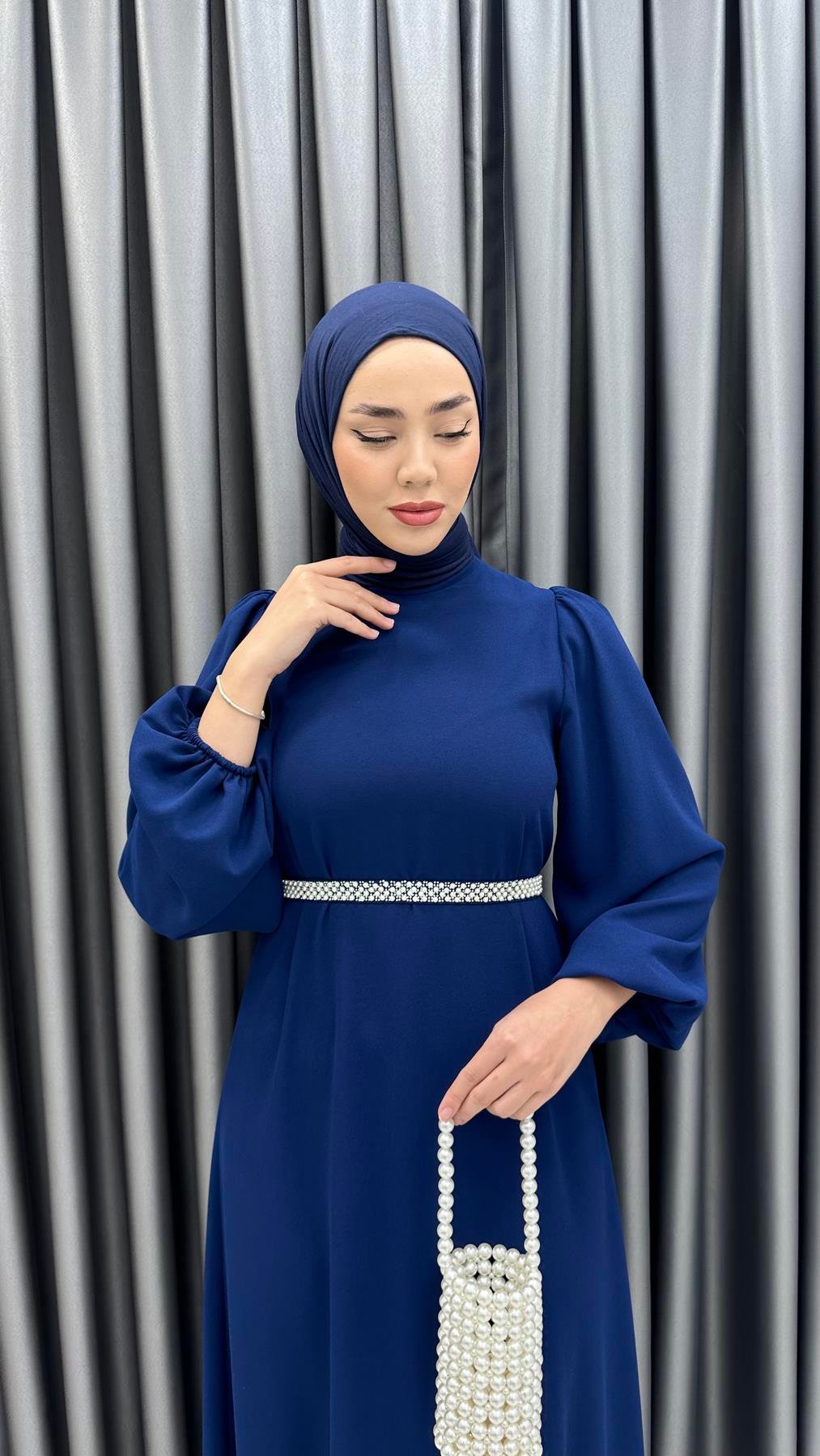 9879 Y Bayan Elbise-İndigo Mavi