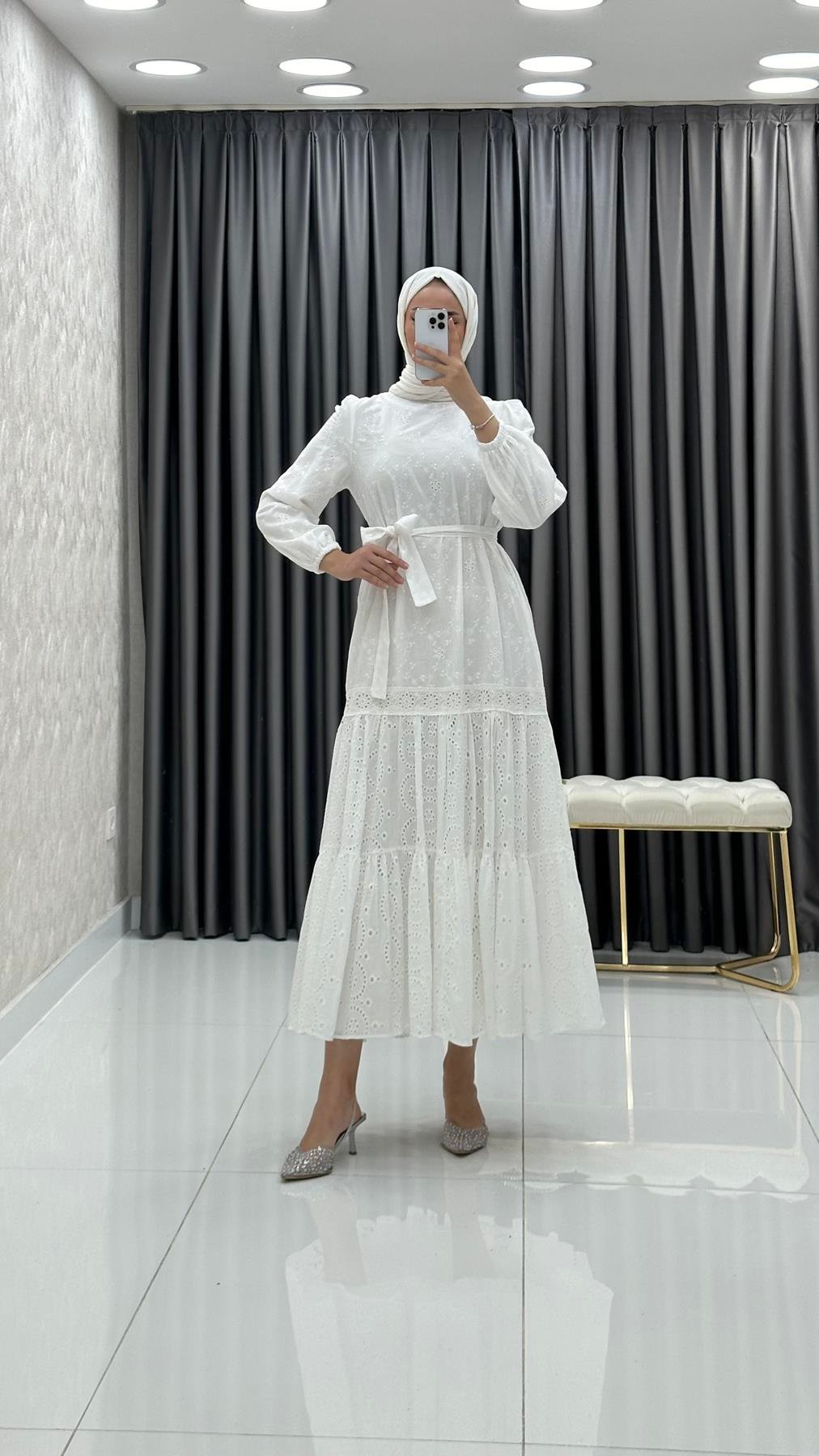 9910 B Bayan Elbise-Beyaz