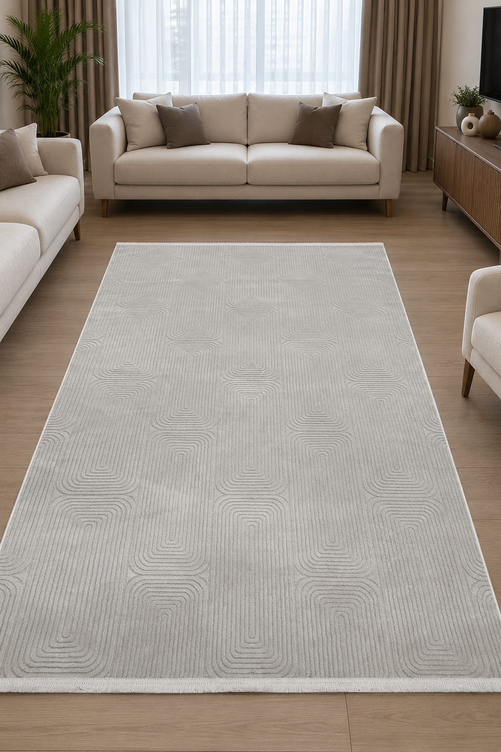 Bej Çizgili Modern Halı İkra LT600 | Özel Ölçü & Salon Lüksü | Sultan Halı